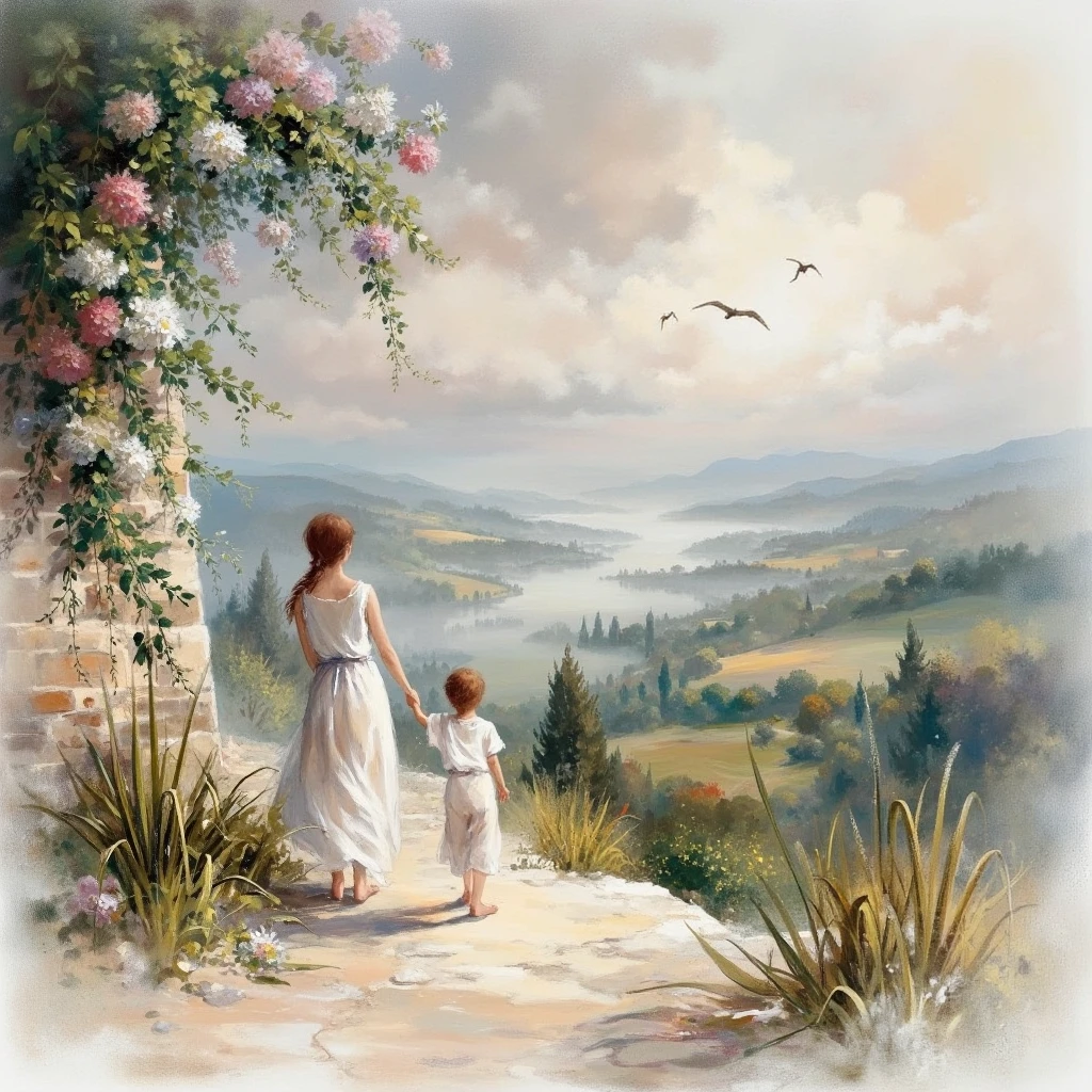 Willem Haenraets mode, impressionistic romanticism, soft pastel tones, delicate brushwork, atmospheric depth.
A poetic impressionist painting of a woman and a standing on a hilltop, gazing over a misty valley bathed in soft golden light. The figures are draped in flowing, translucent garments that blend seamlessly into the dreamy atmosphere. Wisps of clouds and gentle hues of blues, creams, and earth tones create a tranquil and nostalgic ambiance. To the left, an abundant cascade of flowering vines and foliage in shades of white, pink, and green spills over the frame, adding a touch of warmth and vibrancy. In the distance, faint silhouettes of birds glide through the sky, reinforcing the ethereal and contemplative mood. The brushwork is fluid and expressive, capturing the fleeting nature of the moment, characteristic of Haenraets’ signature romantic and atmospheric style.
