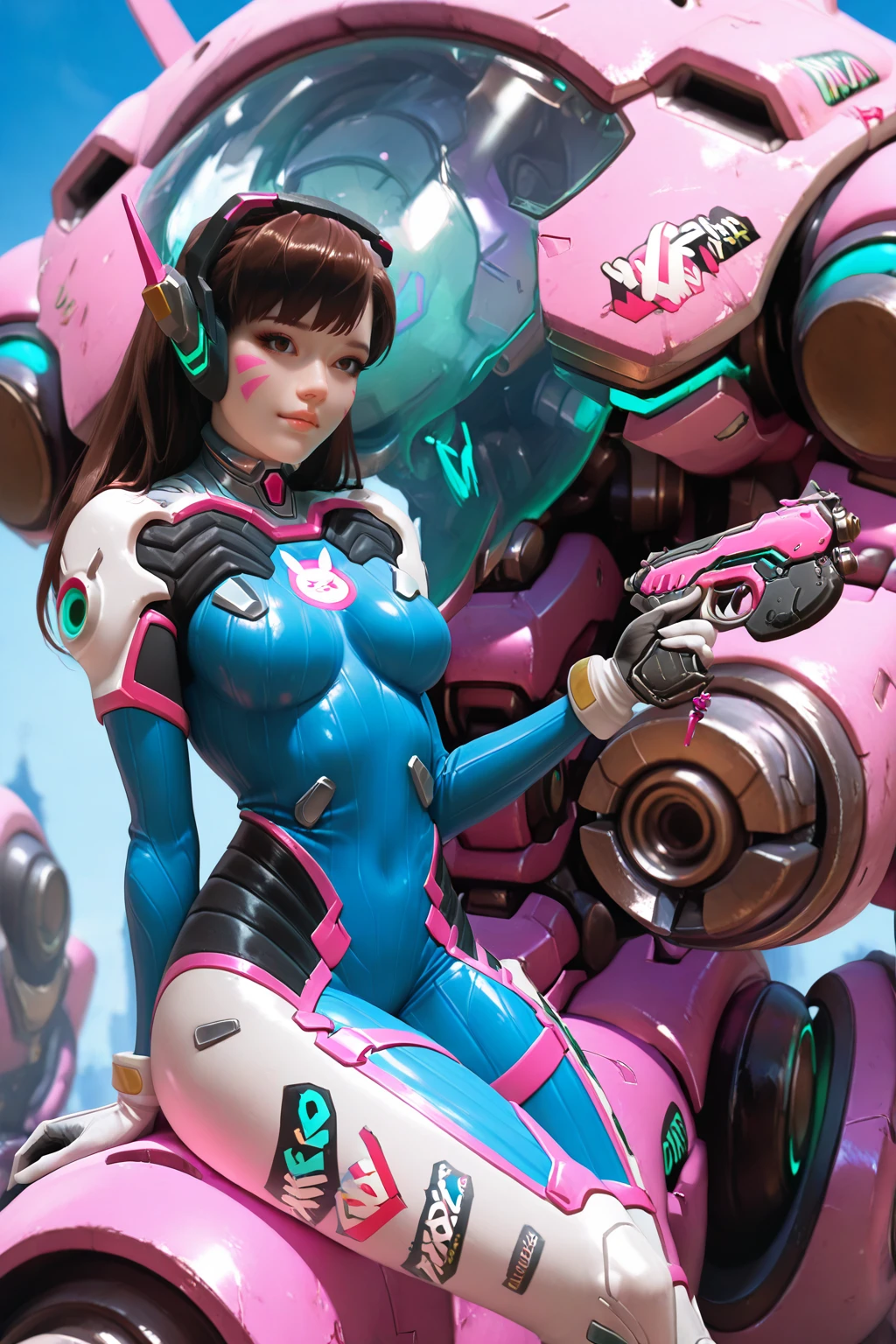 DVaOver, 1girl, solo, d.va (overwatch), brown hair, long hair, whisker markings, breasts, facial mark, realistic:1.4, mini dva suit only under , open suit, beautiful detailed girl,very detailed eyes and face,beautiful detail eyes,ridiculous,incredibly ridiculous,super detailed,high resolution,very detailed,, weapon, gun, headphones, brown eyes, medium breasts, gloves, sitting, white gloves, holding, skin tight, bangs, meverwatch), swept bangs, pilot suit, holding gun, holding weapon, parted lips, animal print, lips, looking at viewer, handgun, pink lips, bunny print, facepaint, ribbed bodysuit, smile, shoulder pads, mecha, high collar, clothes writing, finger on trigger, robot, blue bodysuit, hdr, no underwear, no panties, full nude, show vagina hairly, wide open legs, super wet , show nipples in medium breasts, shadow +10.0, exposure +1., soft lighting body, huge squirt gape vagina.