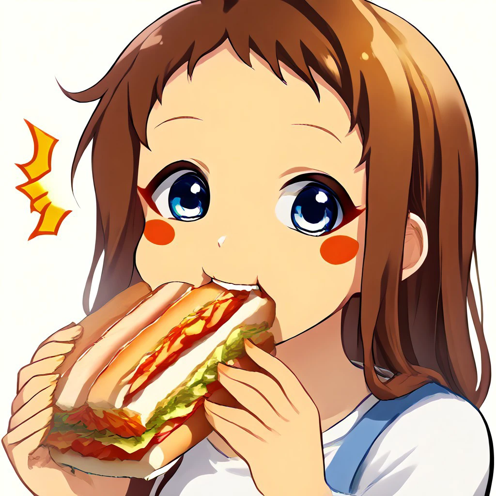 solo, 1girl, hina_kyan, brown hair, blue eyes, blush stickers, deli, holding, sandwich, biting , looking at viewer, surprised, absurdres, 4kres, source_manga, score_7_or_higher, freebos_smoothiestyle