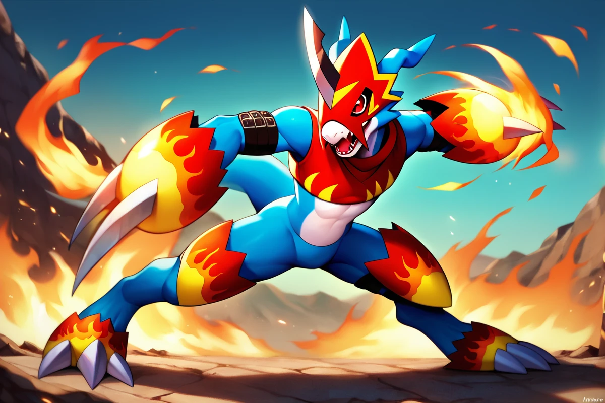<lora:flamedramon_full:1> flamedramon, furry, blue skin, red eyes, mask, arm belt, crop top, gauntlets, thigh armor, footwear, score_6_up, score_7_up, score_8, score_9, solo, 1boy, fighting stance, fire, roaring, full body, detailed background, outdoors, sharp teeth, fangs, fire around body
