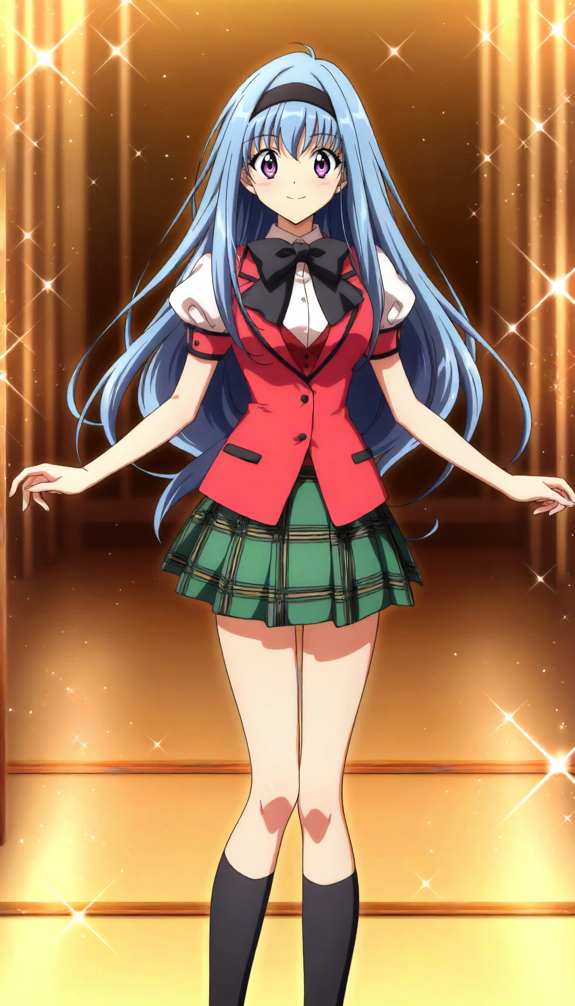 <lora:KKS_takatoo_nanaseXLIllustrious001>,
masterpiece,best quality,good quality,newest,
glitter,
smile,
looking at viewer,
solo,
anime coloring,
takatoo_nanase\(kakyuusei\),1girl,blue hair,long hair,hair band,purple eyes,
white shirt,red vest,black bow tie,puffy_sleeves,short_sleeves,
green skirt,pleated_skirt,plaid_skirt,
black socks,
standing,