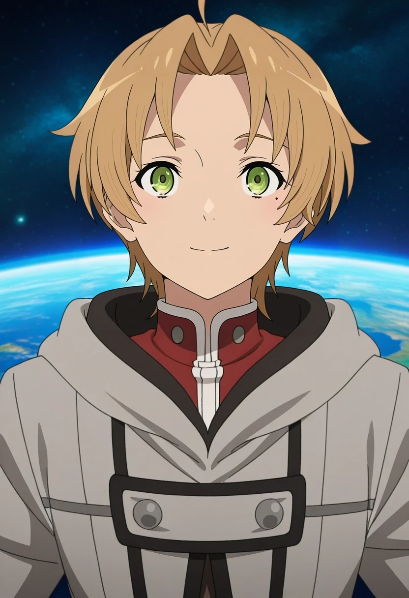 masterpiece, best quality, anime screencap, anime coloring, official style, 1boy, solo, male focus, <lora:rudeus_greyrat_ilxl:0.98>, rudeus_greyrat, blonde hair, green eyes, short hair, bangs, parted bangs, ahoge, , space station, earth view, star field, observation deck, floating pose, peaceful expression, space lighting