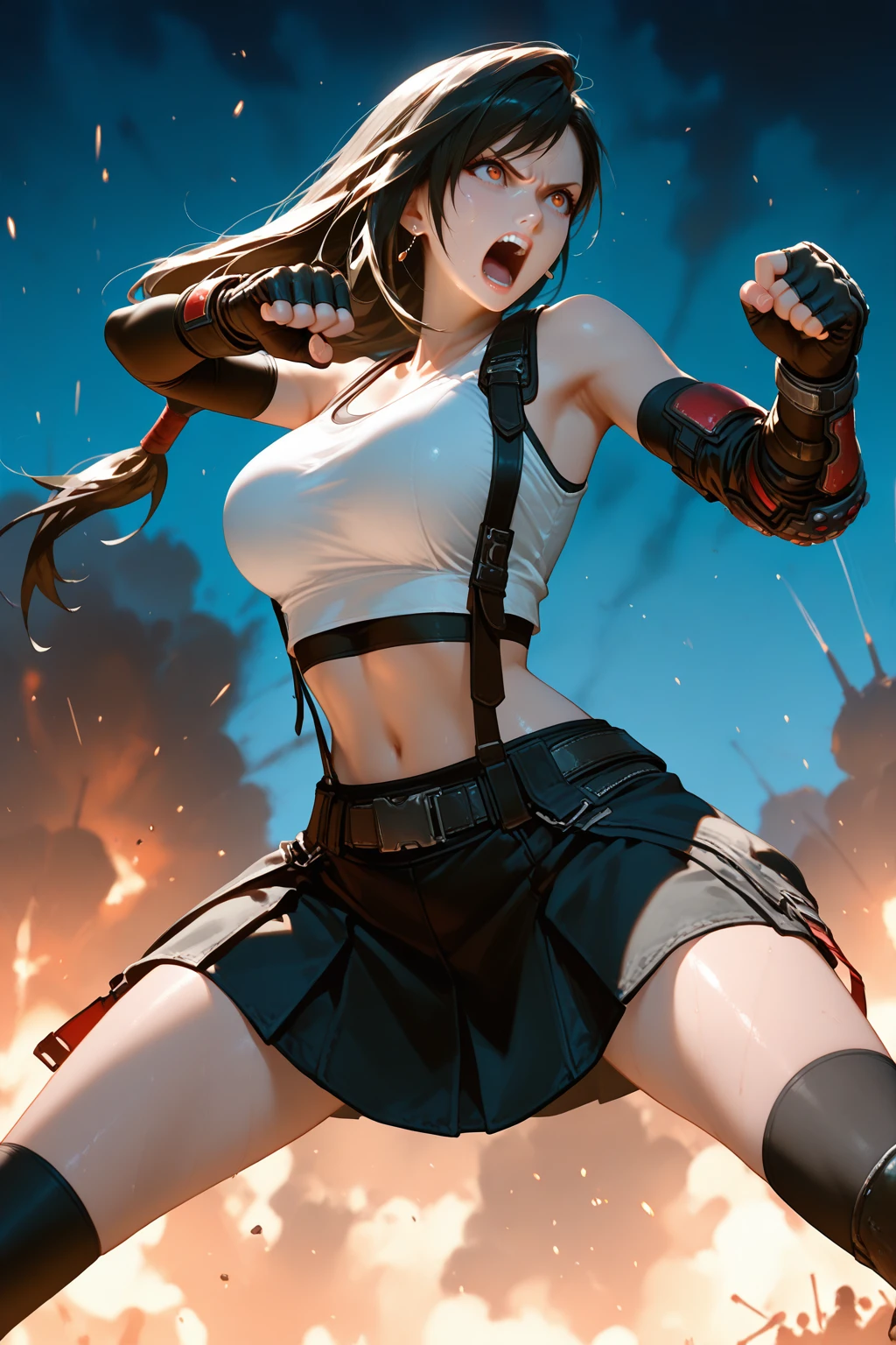 masterpiece, good quality, best quality, very awa, very as2, absurdres, highres
<lora:Tifa LockhartilluLora:1>tfalckhrt, OG, long hair, straight hair, low-tied long hair, swept bangs, dangle earrings, tank top, Sports bra, suspenders, bare shoulders, single arm guards, single elbow pads, elbow gloves, fingerless gloves, belt, midriff, suspender skirt, fighting pose, karate, angry, battlefield, explosions, dynamic motion, speed lines