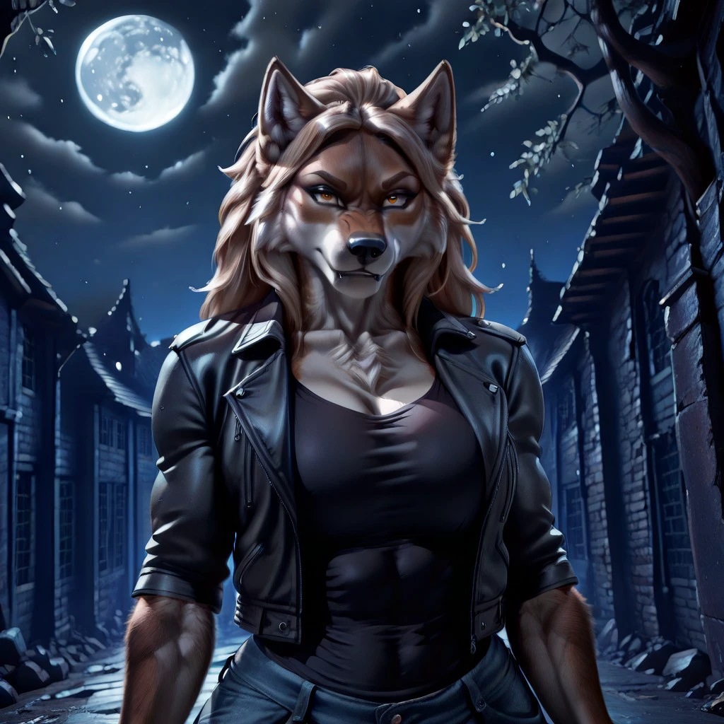 masterpiece, best quality, newest, absurdres, highres, anime, anime style, Dramatic-Moonlight-IL-V1.0, Dramatic light, Moonlight, moon, 1girl, werewolf, furry, fur, wolf, muscular, muscular female, furry female, kftenhance, shirt, jacket, open jacket,