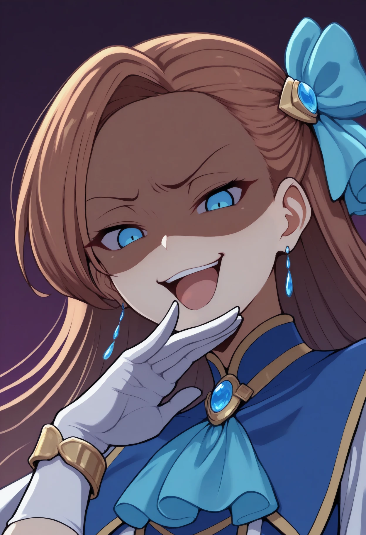 masterpiece, best quality, 1girl, solo, KatarinaClaes, blue eyes, brown hair, long hair, asymmetrical bangs, hair bow, blue bow, earrings, high collar, ascot, brooch, multicolored dress, blue dress, white dress, white sleeves, short sleeves, white gloves, bracelet, ojou-sama pose, shaded face, smug, from below, looking at viewer, looking down, abstract background, open mouth, <lora:ChamKatarinaClaesIllustriousXL:1>
