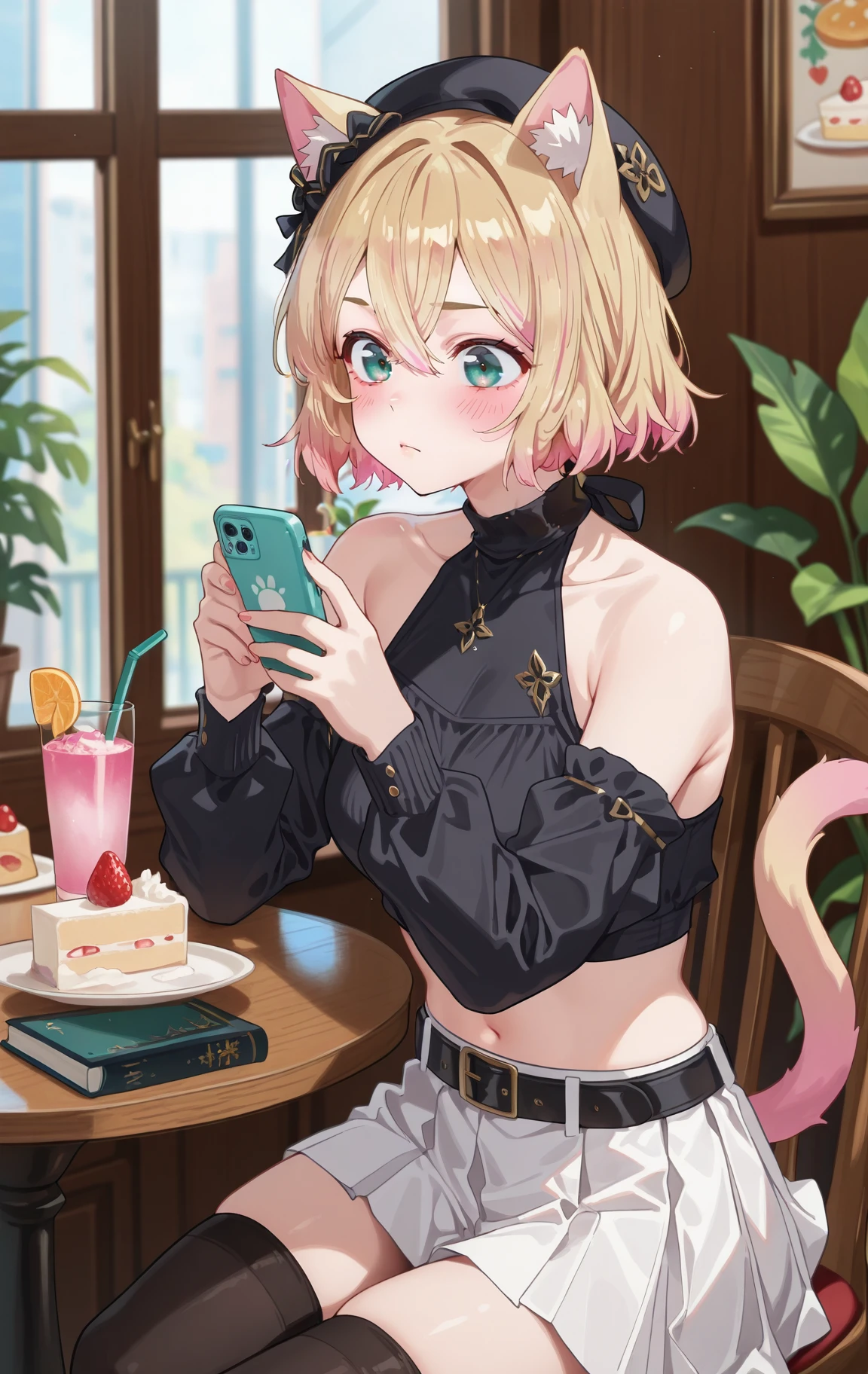 NanamiMamiCYQL,<lora:NanamiMamiCYQL:1>,1girl,solo,blonde hair,short hair,multicolored hair,pink hair,gradient hair,hair between eyes,green eyes,
animal ears, thighhighs, sitting, facial mark, tail, cup, cake, skirt, looking at viewer, hat, holding, table, cat ears, bare shoulders, phone, pleated skirt, miniskirt, midriff, detached sleeves, cat tail, food, cake slice, drinking straw, earrings, white skirt, black thighhighs, navel, jewelry, cellphone, black shirt, sleeveless, shirt, drinking glass, collarbone, book, breasts, nail polish, holding cup, indoors, beret, blush, closed mouth, crop top, long sleeves, smartphone, cafe, cat girl, whisker markings, sleeveless shirt, chair, belt, window, zettai ryouiki, halterneck, plate, mini hat, open book, strawberry, holding phone, plant, fruit, blurry, frown,
<lora:spo_sdxl_10ep_4k-data_lora_webui:0.5>,<lora:illustrious_all_rated_v1:0.6>,<lora:748cmSDXL:0.8>,748cmstyle,<lora:DarkerThanBlackIllustrious:0.5>,<lora:EtherSDXL:0.5>,EtherStyle,,
masterpiece,best quality,amazing quality,very aesthetic,absurdres,newest,