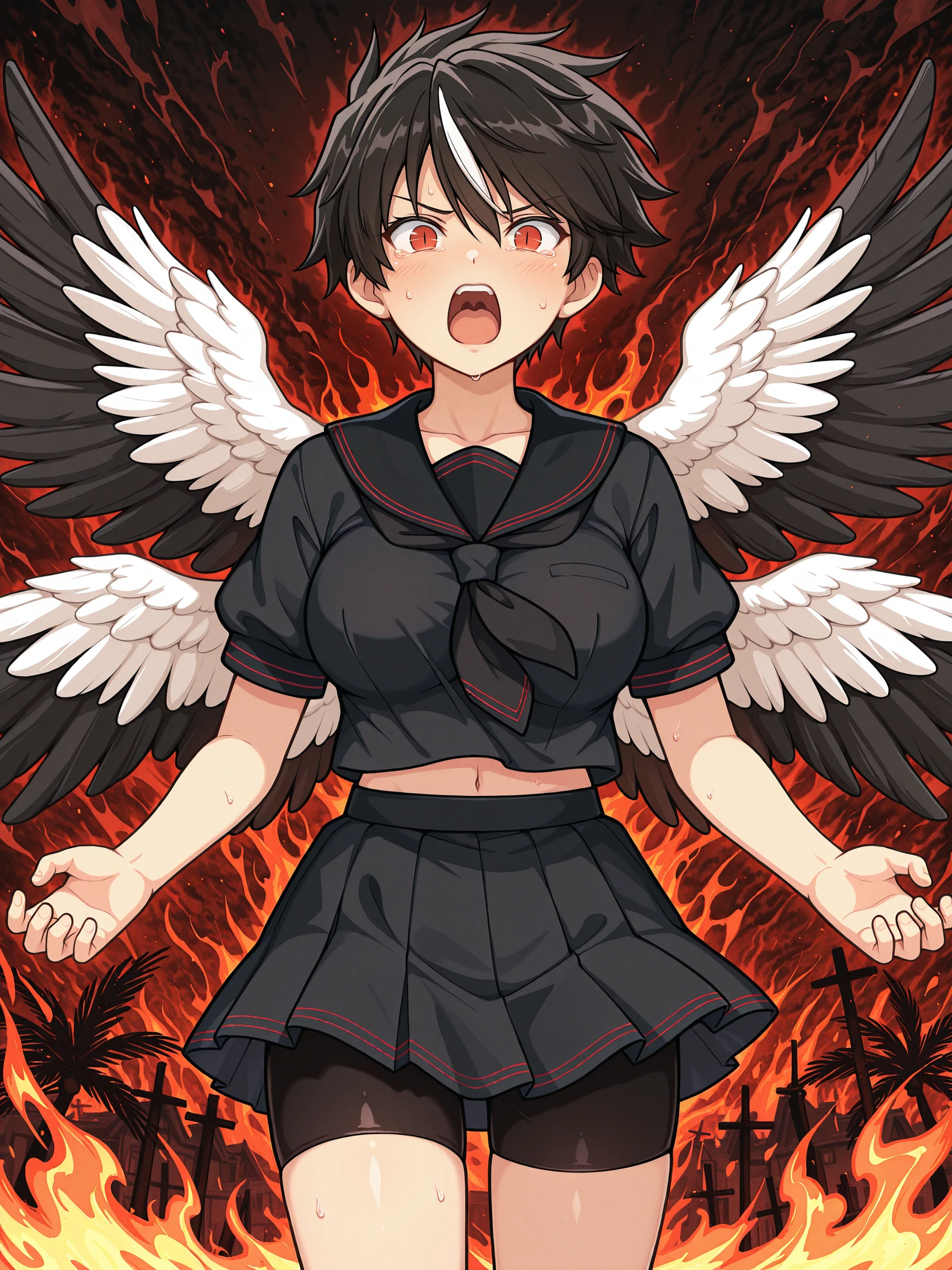 masterpiece, best quality, amazing quality, frostbite
(solo:1.4), Miyabi_IL, red eyes, slit pupils, short hair, (black hair:1.2), white bangs, white hair strand, large breasts, BREAK, Miyabi_hebijo, school uniform, red stripe piping, black sailor collar, black tie, black serafuku, black shirt, short sleeves, black skirt, pleated skirt, bike shorts
Miyabi_wings, black wings, white wings, four wings, hell, fire on background, dark atmosphere, screaming, palm to screen, palm
<lora:SK_Miyabi_IL:1>
<lora:frostbitev2_Illu_dwnsty:0.7>