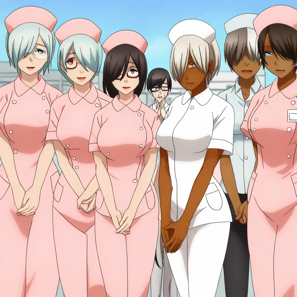 masterpiece, best quality, evangelion kaworu nagisa, kaworu nagisa, red eyes, (nsfw, nurse, sexualized nurse clothes, seductive, hot, seductive face), ((bukkake, cum dumpster, sex slave, face covered in cum, cum on face, thick cum, cum eating, drinking cum, drinking a big bowl of cum, surrounded by black men dicks, extremely big dicks)), black men dicks