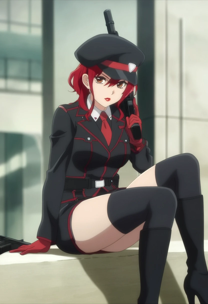 <lora:animestyle-07:0.7>finetuneanime,anime screencap, masterpiece, 1girl, solo, looking_at_viewer, skirt, gloves, thighhighs, hat, holding, sitting, jacket, weapon, boots, necktie, black_thighhighs, holding_weapon, high_heels, uniform, black_headwear, beret, red_necktie, holding_gun, red_gloves, red_lips