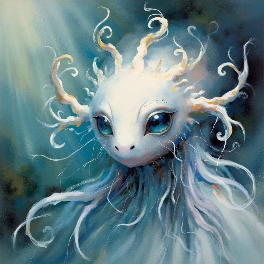 Willem Haenraets mode, impressionistic romanticism, soft brushwork, ethereal atmosphere.
A hauntingly beautiful deep-sea creature with glowing tendrils cascading from its head like jellyfish tentacles. Its pale, translucent skin reveals faint hints of internal bioluminescence, while its piercing blue eyes shimmer with an alien intelligence. Faint ink-drawn patterns decorate its face, and the background blends soft blues and greens with swirling, light-like currents of the ocean depths.