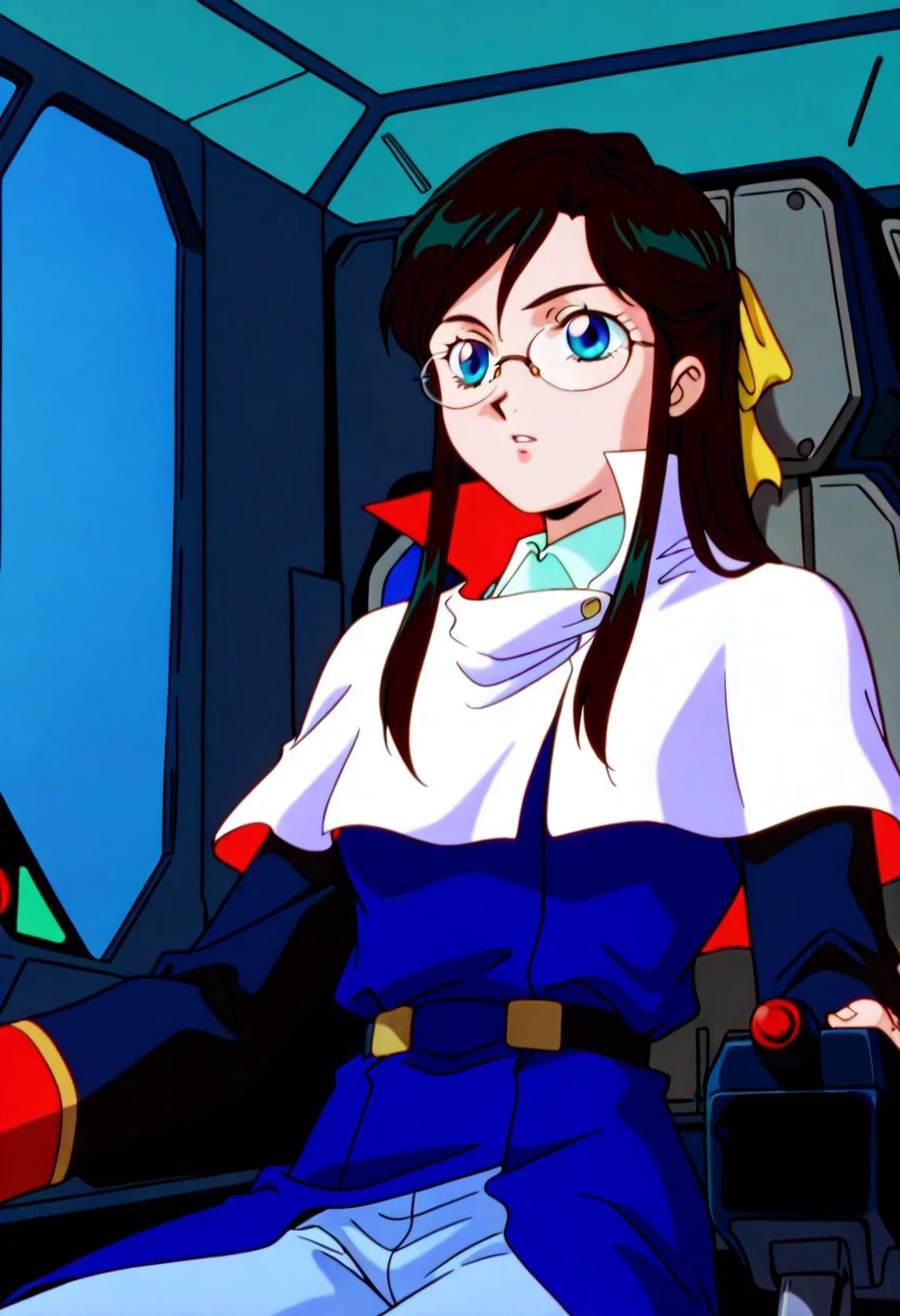 official art, masterpiece, best quality, absurdres, very aesthetic, 1girl, female focus, solo, AWGXS, anime screenshot, retro artstyle,1990s (style), cel animation, anime coloring, 1girl, female focus, solo, Rosa_rosa_utm, long hair, black hair, sidelocks, half updo, hair ribbon, blue eyes, glasses, rimless eyewear, small breasts, hair ribbon, yellow hair ribbon, white capelet, capelet, collared capelet, dark blue coat, coat, long sleeves, two-tone sleeves, long coat, pants, light blue pants, sitting, upper body, long coat, cockpit, joystick