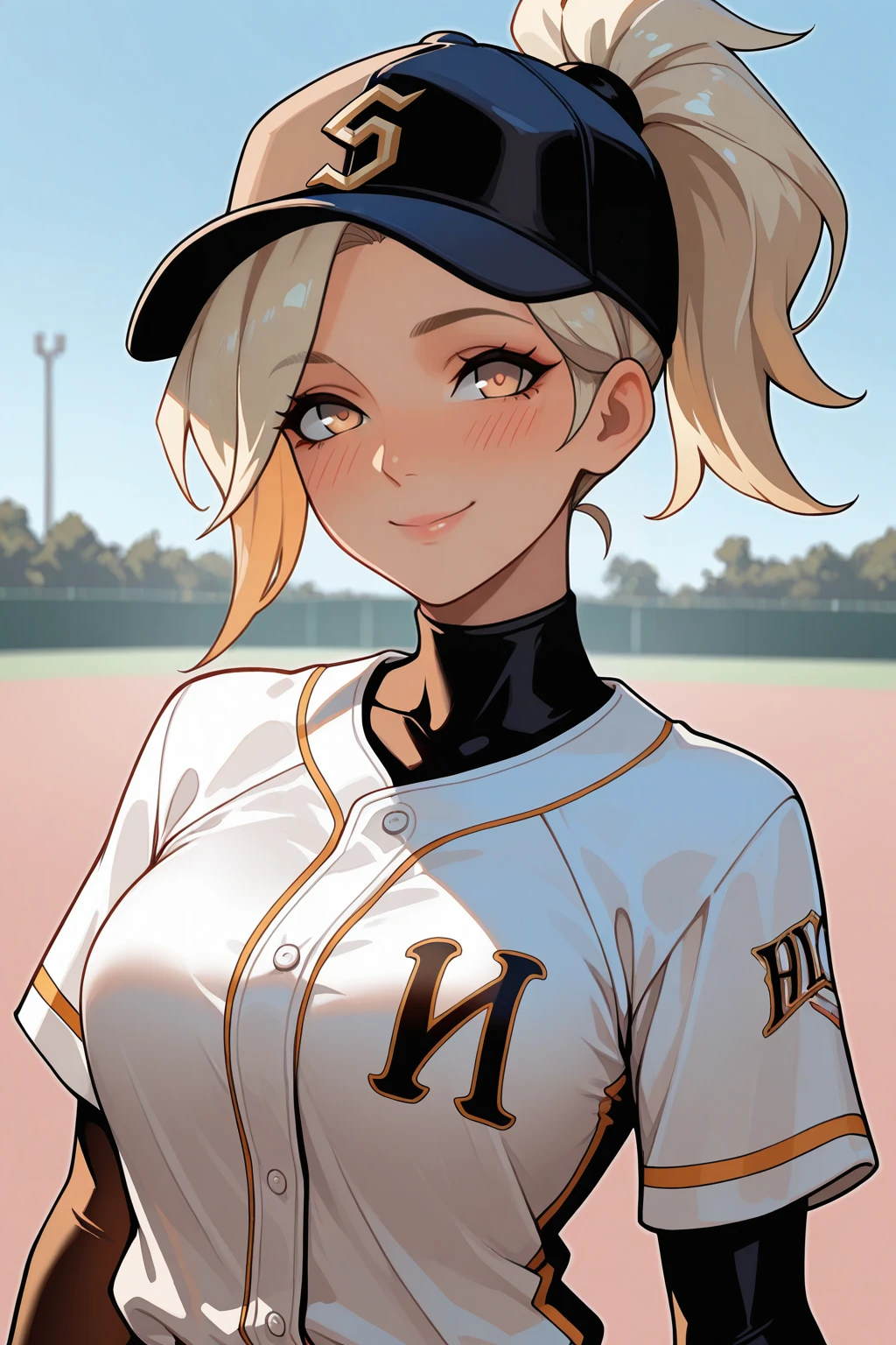 masterpiece, good quality, best quality, very awa, very as2, absurdres, highres
<lora:justMrcyilluLora:1>mrcy, short hair, high ponytail, baseball cap, baseball outfit, blush, smile,