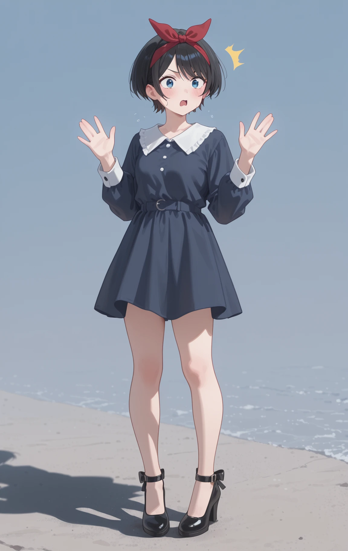 perfect quality,high quality,masterpiece,best quality,amazing quality,very aesthetic,absurdres,Cinematic Lighting,newest,Tactical use of shadow,
front view,full_shot,Surprise,
SarashinaRukaCYQL,<lora:SarashinaRukaCYQL:1>,1girl,solo,short hair,black hair,bangs,hairband,blue eyes,Peter Pan collar dress, ankle-strap heels,
full body,standing,waving,,
lightsteelblue background,simple background,
<lora:spo_sdxl_10ep_4k-data_lora_webui>,<lora:NOOB_EPSv1_1_detailer_by_vlnvk_v1_0>,<lora:shiej007>,,