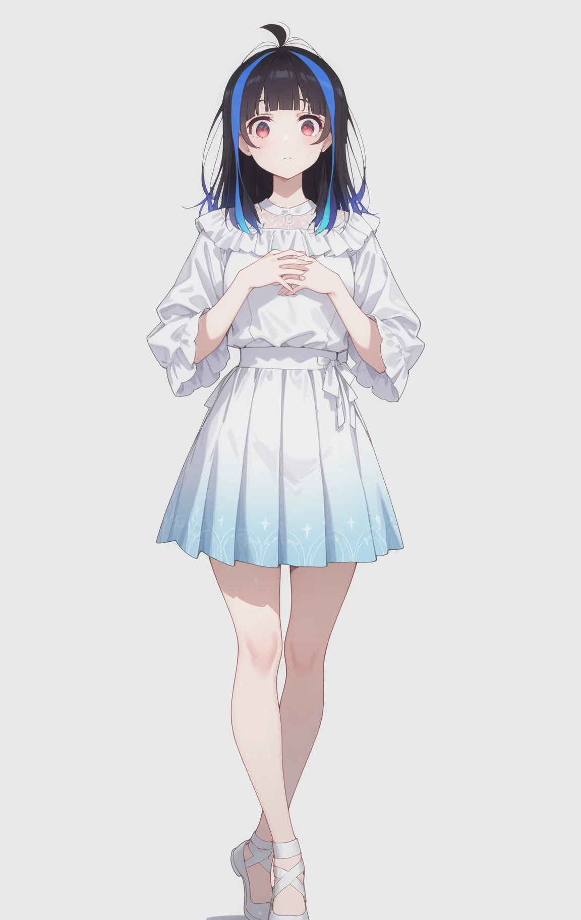 masterpiece,best quality,newest,absurdres,highres,
front view,full_shot,Wide-eyed wonder,looking_at_viewer,
<lora:YaemoriMiniCYQL:1>,YaemoriMiniCYQL,1girl,solo,black hair,blue hair,long hair,blunt bangs,antenna hair,streaked hair,multicolored hair,red eyes,flare sleeve blouse, pleated skirt, ballet flats, long necklace,
full body,standing,hands_on_own_chest,,
darkslategray background,simple background,
<lora:ponyv4_noob1_2_adamW:0.7>,<lora:spo_sdxl_10ep_4k-data_lora_webui:0.6>,<lora:USNR STYLE_XL_lokr:0.45>,<lora:illustrious_all_rated_v1:0.7>,<lora:96YOTTEA-WAI:0.8>,