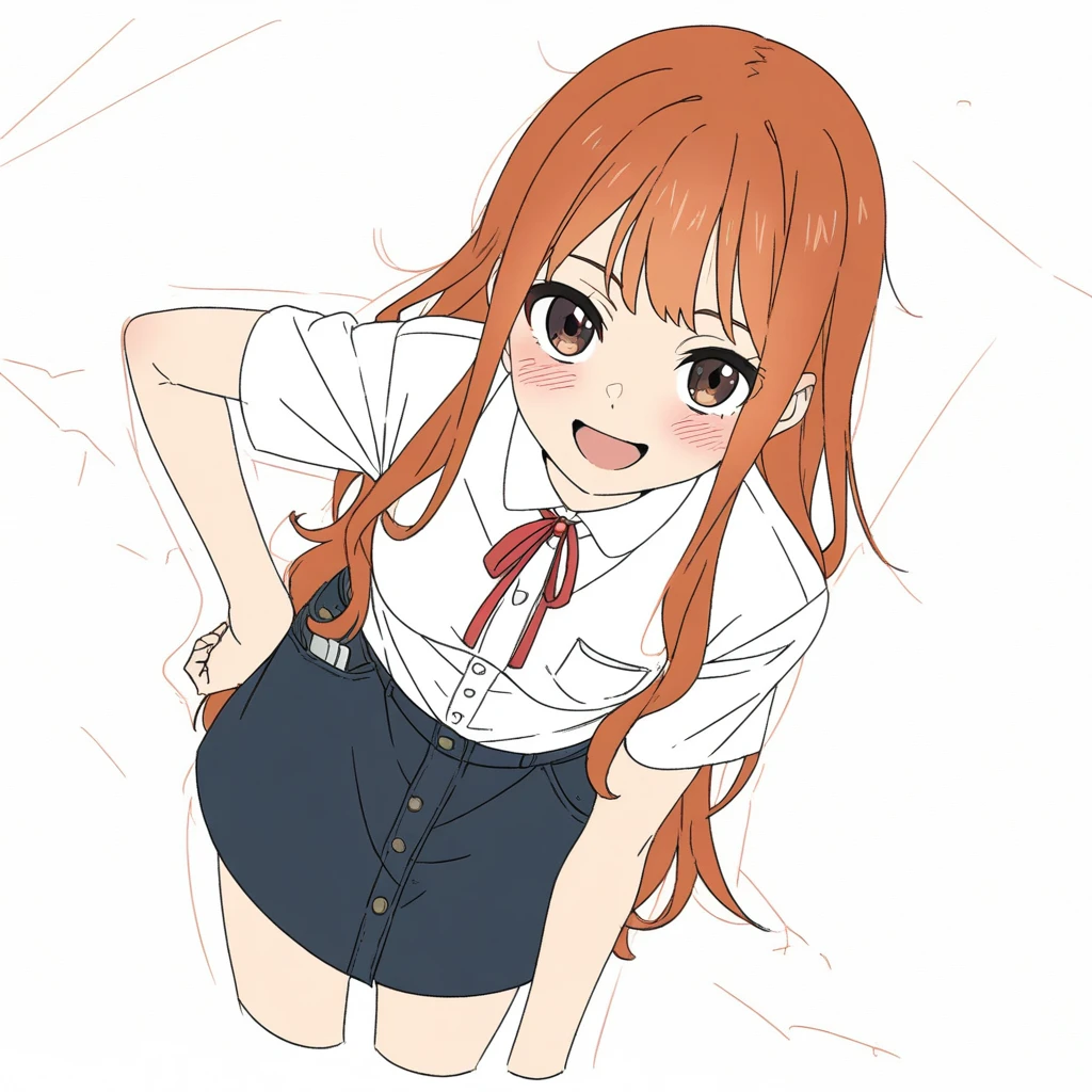 1girl,solo,dynamic angle, ,casual,,blush,sidelocks,white background,,sketch outline,small breasts,brown orange hair,messy long hair,brown eyes, nlistband, o background,cropped legs,:d,white shirt,button and pocket shirt,dark blue simple skirt,red ribbon,looking at viewer,anime coloring,[[[flat color]]],hand on hip