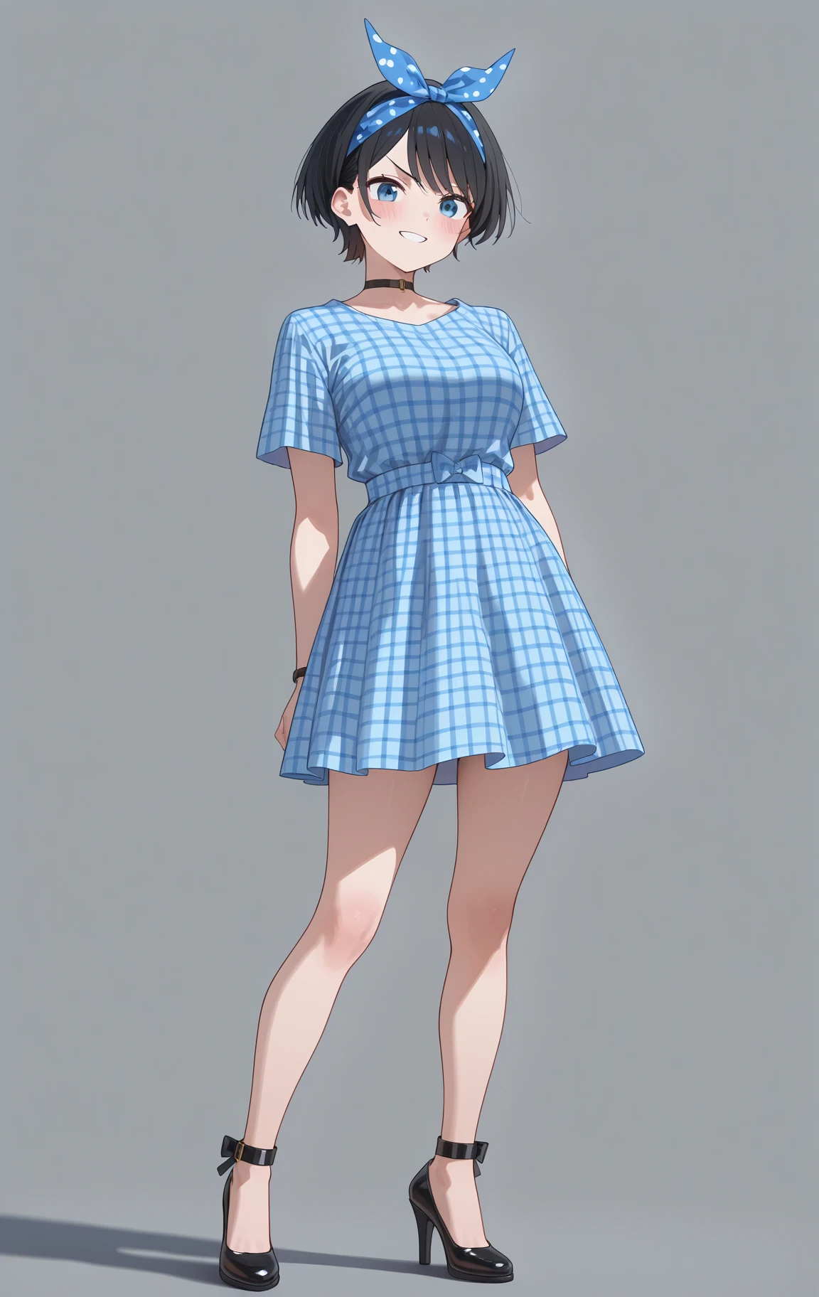 perfect quality,high quality,masterpiece,best quality,amazing quality,very aesthetic,absurdres,Cinematic Lighting,newest,Tactical use of shadow,
front view,full_shot,Smirk,
SarashinaRukaCYQL,<lora:SarashinaRukaCYQL:1>,1girl,solo,short hair,black hair,bangs,hairband,blue eyes,Gingham dress, bandana headband, ankle-strap heels,
full body,standing,shading_eyes,,
darkgray background,simple background,
<lora:xmc_v0.3_noobai_cwhj:0.8>,<lora:illustrious_best_quality_v1:0.8>,<lora:g0thicILL:0.6>,g0thic,neon,<lora:prismlightILL:1>,prism light,shadows,,