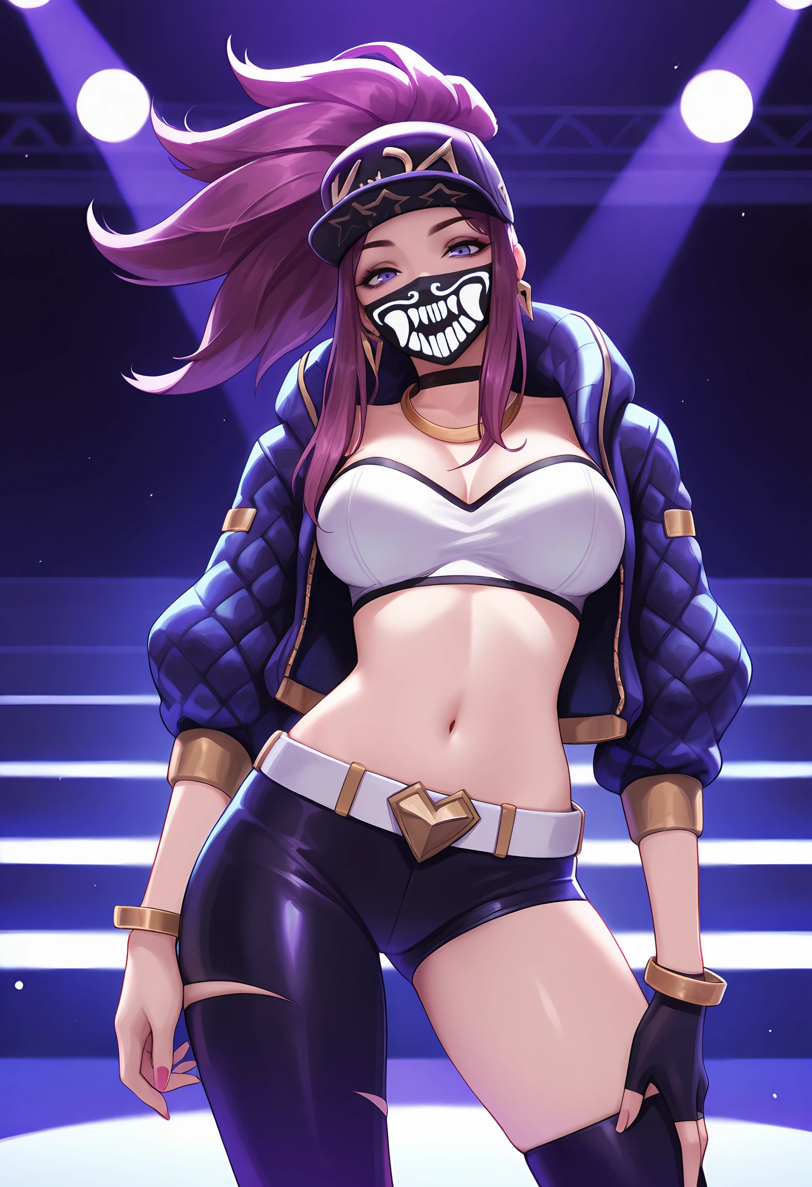 high quality, extremely detailed, perfect face, stadium concert, <lora:QunaZelsius:.7>, <lora:RockOfSuccubus-09:1>, ((quna)), pale colored skin, two-toned blue hair, twintails, (RockOfSuccubus), purple latex corset, black latex pants, midriff, spiked bracelets, necklace, middle finger, grin, teeth, lipstick, open mouth, tongue out, belly tattoo
