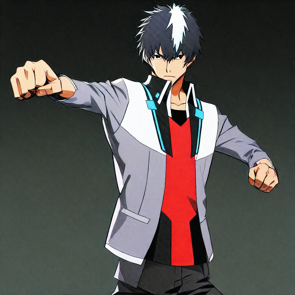 1boy, solo, score_9, score_8_up, score_7_up, source_anime, takuto_dwno, black hair, multicolored hair, red shirt, black pants, gray jacket, punching, manga_style , dynamic shot, high quality, cowboy shot, basic background