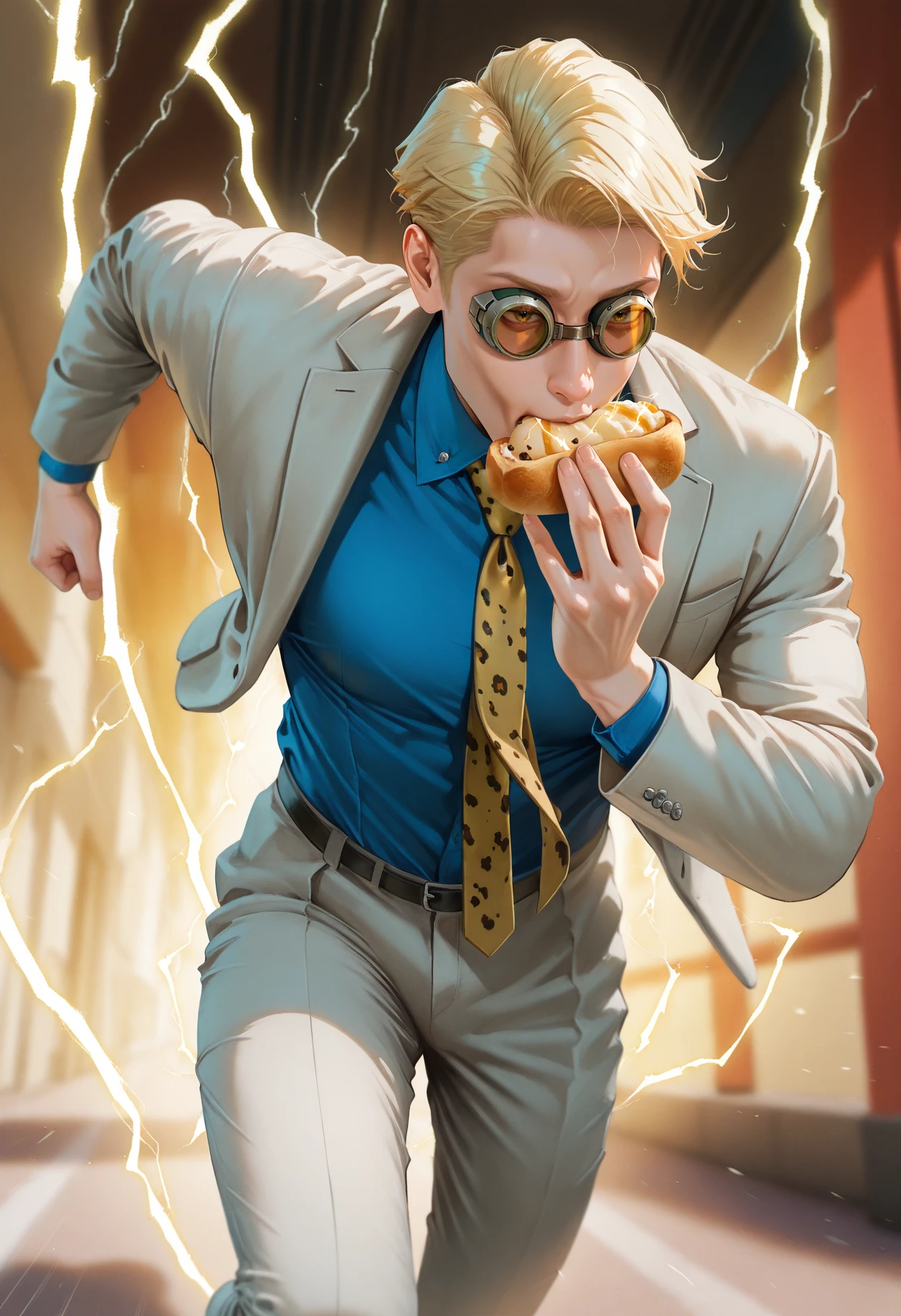 masterpiece, best quality, realistic,
1boy, solo,  <lora:ChamKentoNanamiIllustriousXL:0.8> KentoNanami, blonde hair, short hair, goggles || NanamiBase, blonde hair, short hair, goggles, grey jacket, yellow necktie, leopard print, blue shirt, collared shirt, grey pants, eating bread,
 <lora:superspeed running [IL]:0.8> superspeed, running, electricity