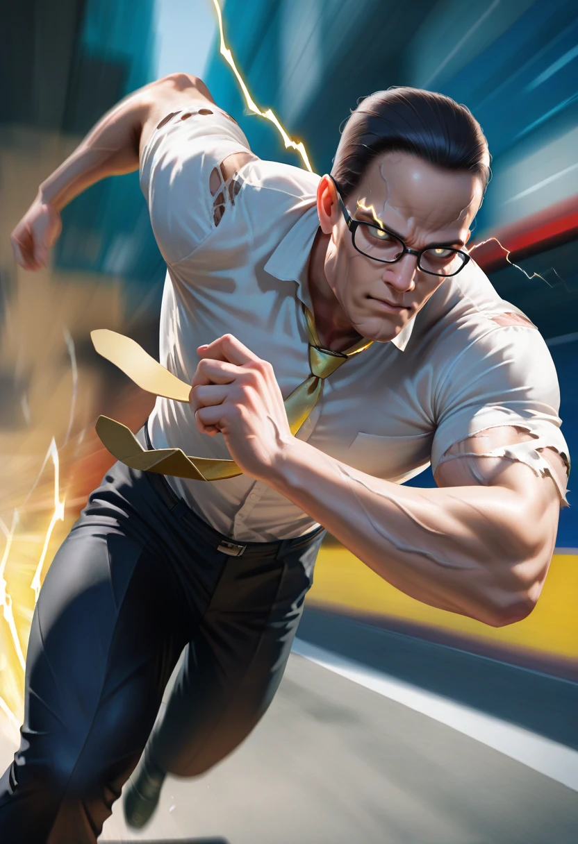 masterpiece, best quality, realistic,
1boy, solo,  
 <lora:superspeed running [IL]:0.7> superspeed, running, electricity, motion blur, light trail, ||  glowing eyes, eye trail
<lora:Senator-Armstrong-NoobAi-1.1_V1-Manityro-CAME:0.8> grey eyes, buzz cut, black hair, very short hair, manly, double chin, veins || black-framed eyewear || white shirt, torn clothing, torn shirt, yellow necktie, black pants