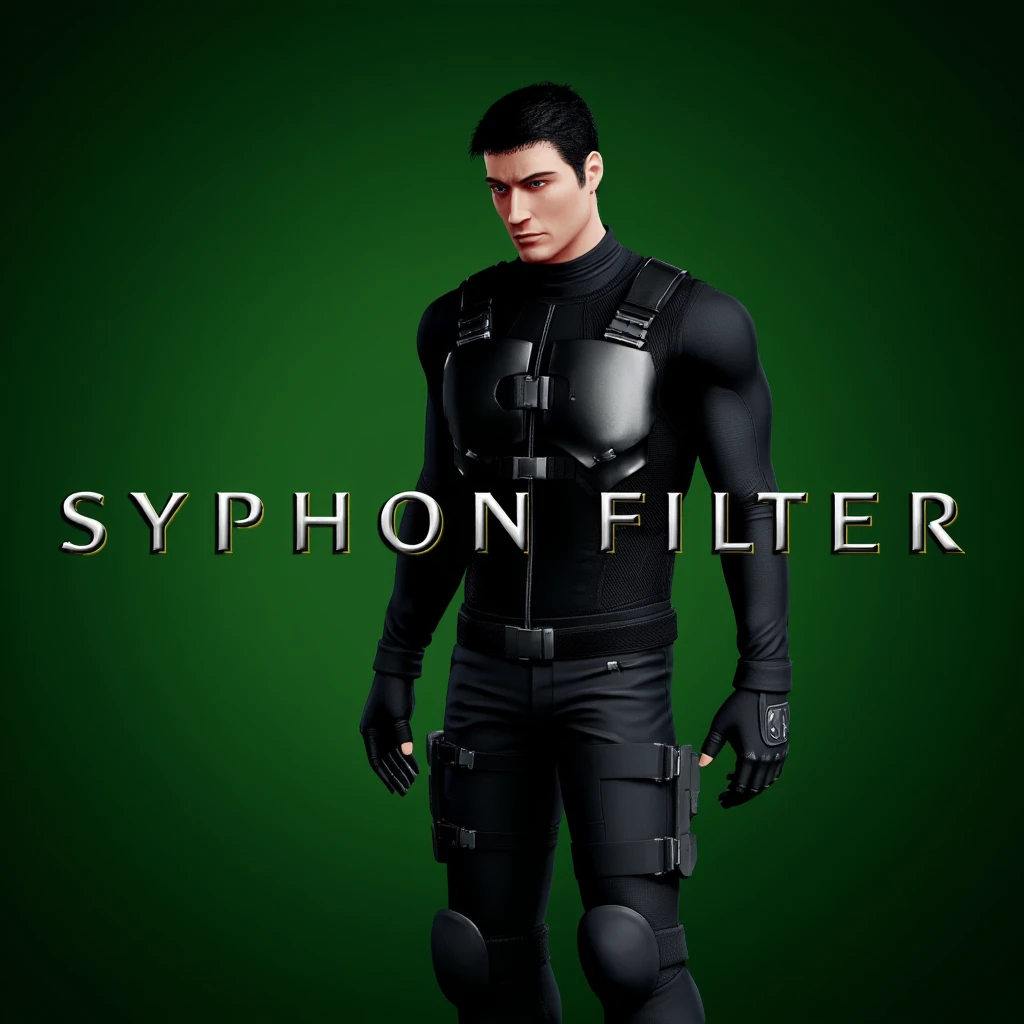 cinematic film still of <lora:video game Syphon Filter style v1:0.9>
Gabriel Logan In video game style a man in a suit standing in front of a green background, perfect image, perfect body, perfect anatomy, sharp image, detailed image, Kodak film, high quality photography, Syphon Filter style, video game style, solo, looking at viewer, short hair, black hair, gloves, full body, boots, black gloves, fingerless gloves, armor, muscular, standing, pants, animification, closed mouth, black footwear, english text, character name, black pants, muscular male, bara, green background, bulletproof vest, belt, knee pads, Syphon Filter poster, Syphon Filter text title, shallow depth of field, vignette, highly detailed, high budget, bokeh, cinemascope, moody, epic, gorgeous, film grain, grainy