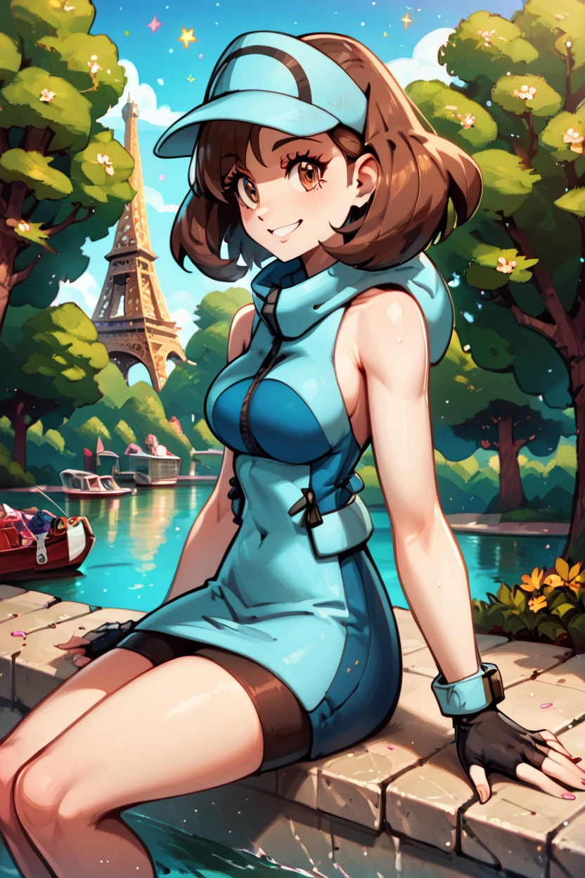 score_9, score_8_up, score_8, medium breasts, (curvy), cute, eyelashes, , zzAceSM, brown eyes, brown hair, medium hair, visor cap, fingerless gloves, sleeveless, hat, black gloves, bike shorts, blue headwear, , <lora:AceTrainerPokemonSM_PDXL:1.0>, BREAK, zzEiffelTower in background, sitting, watercraft, boat, sitting on wall, side view, looking at viewer, smile, ,,, BREAK, blooming stars, luminescent petals, otherworldly fragrance blurry background, ,,, embedding:zPDXL, Expressiveh, ,,, <lora:EiffelTowerPDXL:1.0>, <lora:CatalystStylePDXL:0.6>, <lora:SDXLFaeTastic2400:0.5>, <lora:Expressive_H-000001:0.4>,