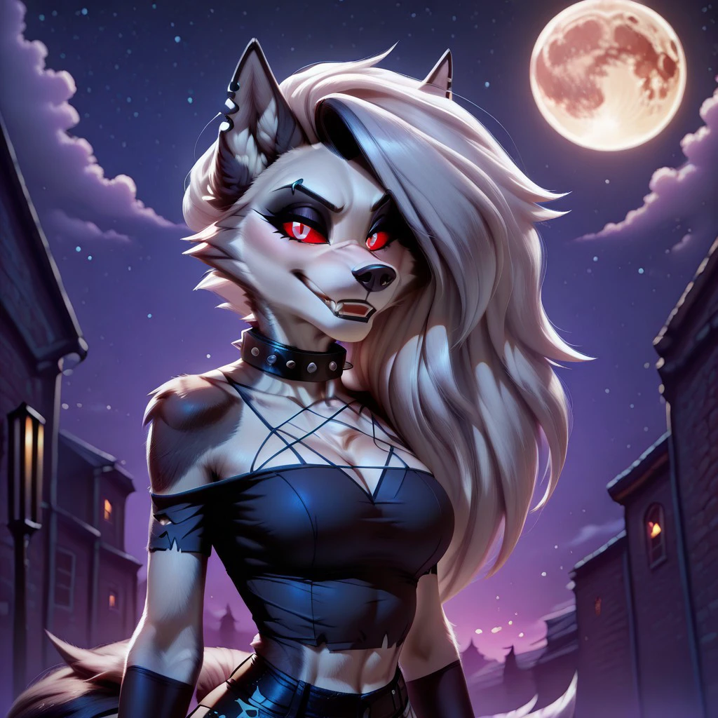 masterpiece, best quality, newest, absurdres, highres, Dramatic-Moonlight-IL-V1.0, Dramatic light, Moonlight, moon, 1girl, LoonaIllustriousV1Hellhound, furry female, white fur, goth, goth girl, colored sclera, red sclera, white pupil, animal ears, red eyesm fingerless gloves, piercing, collar,