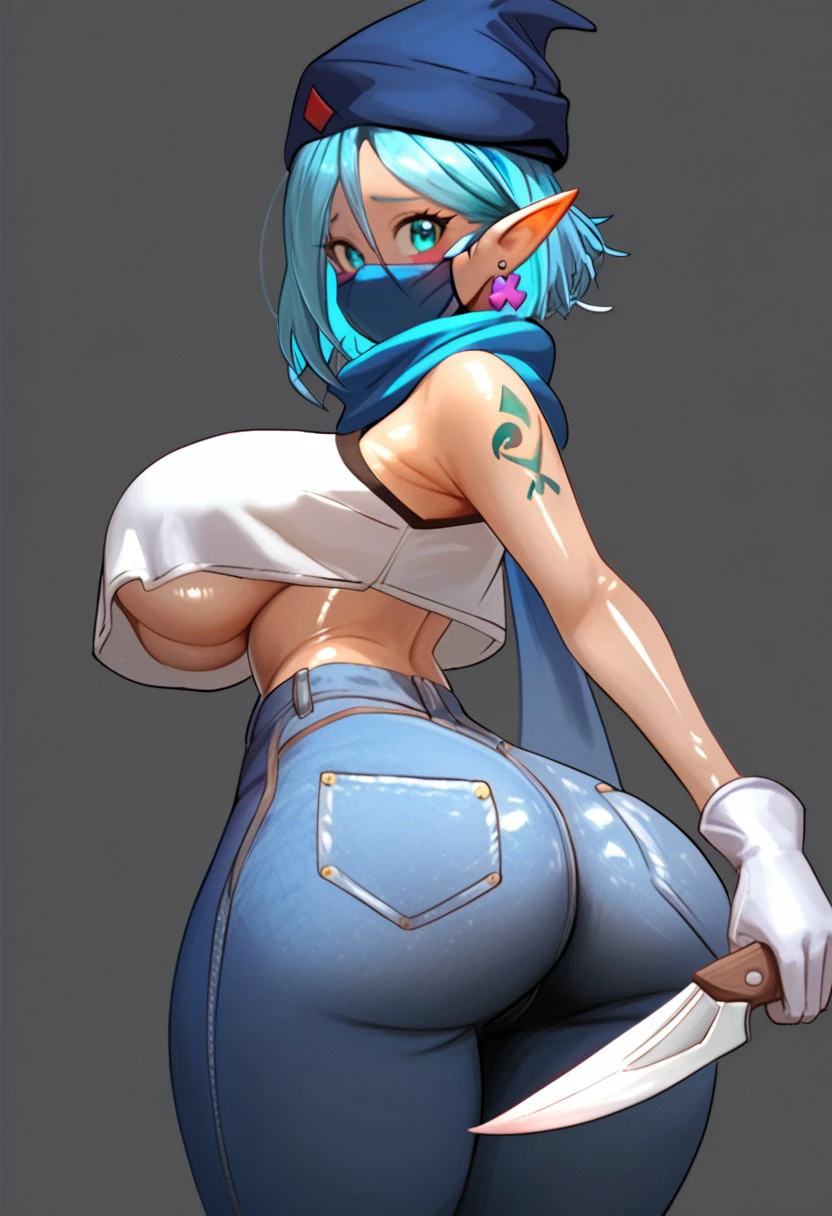 Woman, kingofkinks, king of kinks style, fullbody, sexy, breast, shiny skin, source_anime, cartoon, score_9, score_8_up, score_7_up,score_9, score_9, score_8_up, score_7_up, fantasy, extremely detailed, girl, elf girl , shy, huge breast, skinny, thin waist, sexy breasts, big eyes, wide hips, curvy, thigh gap, bent forward, from side, SexyGirl, shiny skin, low waist jeans, ass cheeks out, sexy ass cheeks, jeans, crop top, low waist jeans, low waist pants, upper ass out of pants, showing upper ass, King of kinks style, Kingofkinks, grey background, no background, fullbody, blue hair elf, earrings, cute hat, cute scarf, holding knife, pointing knife, cute knife, cute ninja mask, cute tattoo on shoulder, ninja face mask, flowers on jeans, white gloves