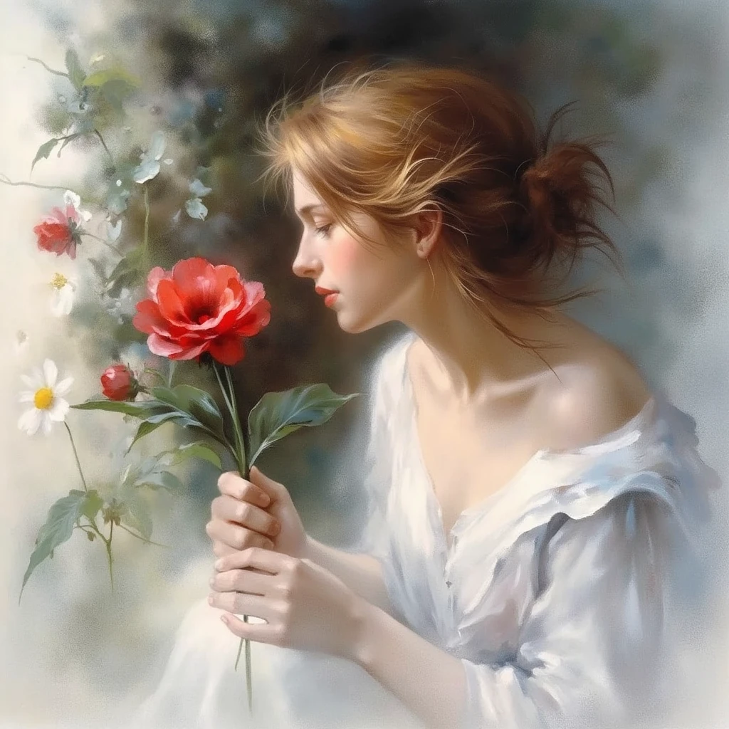 Willem Haenraets mode, impressionistic romanticism, soft brushwork, ethereal atmosphere.
young woman with a red flower, soft lighting with dynamic highlights.