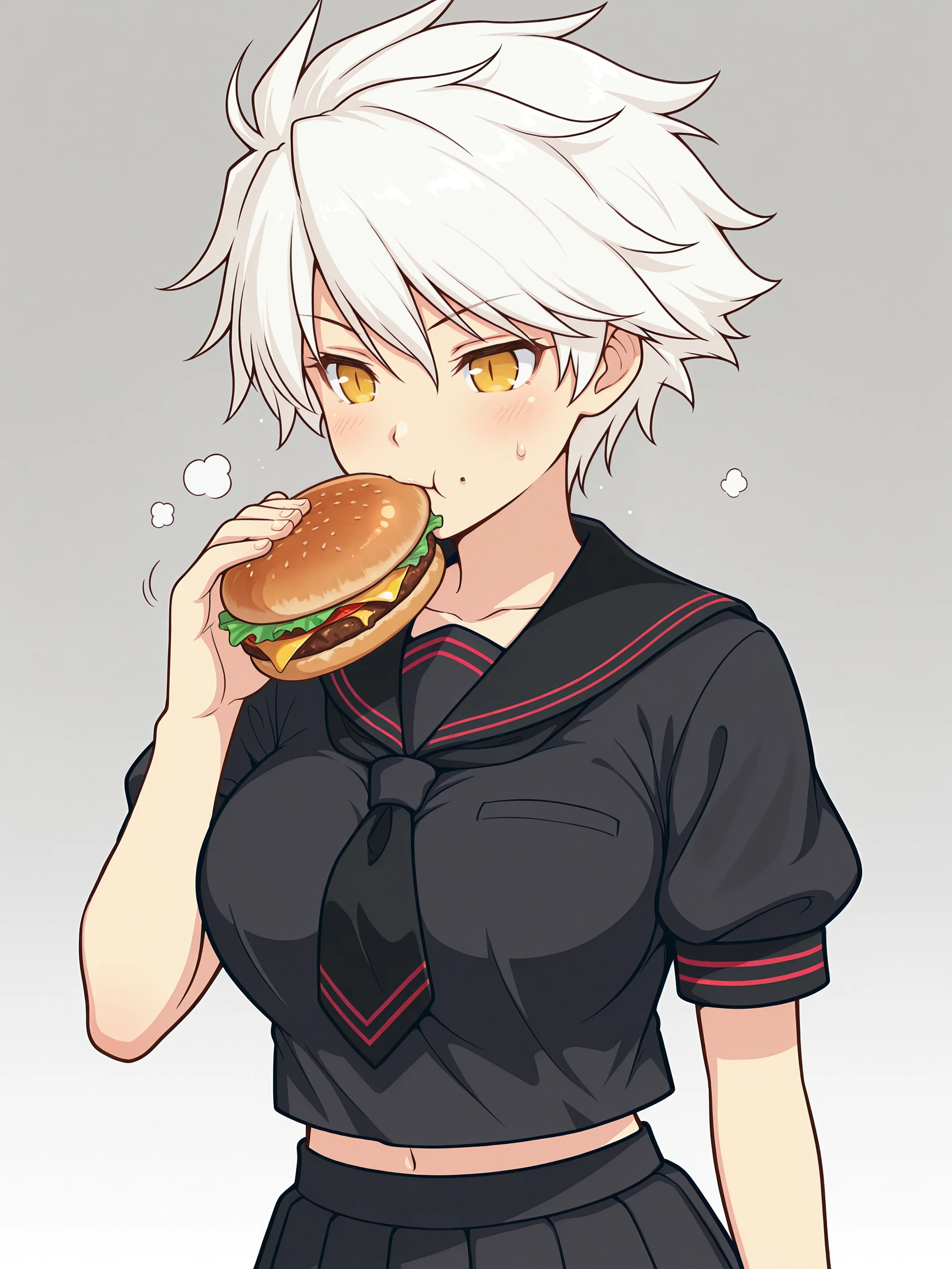 masterpiece, best quality, amazing quality, frostbite
(solo:1.4), Miyabi_IL, yellow eyes, slit pupils, short hair, white hair, large breasts, BREAK, Miyabi_hebijo, school uniform, red stripe piping, black sailor collar, black tie, black serafuku, black shirt, short sleeves, black skirt, pleated skirt, bike shorts
upper body, eating hamburger
<lora:SK_Miyabi_IL:1>
<lora:frostbitev2_Illu_dwnsty:0.7>