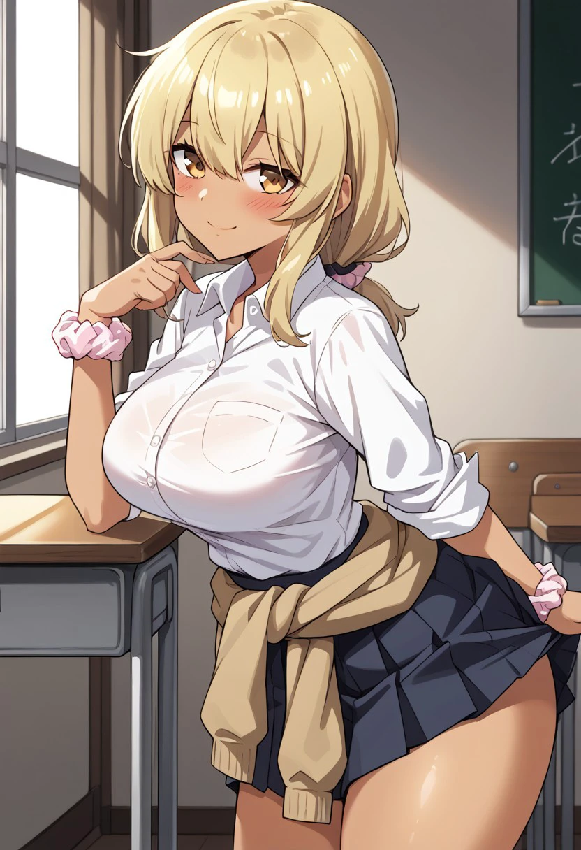 Masterpiece,source_anime, 4k res, 1girl, solo, kana_higa, blonde hair, amber eyes, tan skin, school uniform, white shirt, skirt, clothes around waist, scrunchie on wrist,, front view, thighs, large breasts, seductive smile, blush, leaning forward, thick thighs, side view, looking at viewer