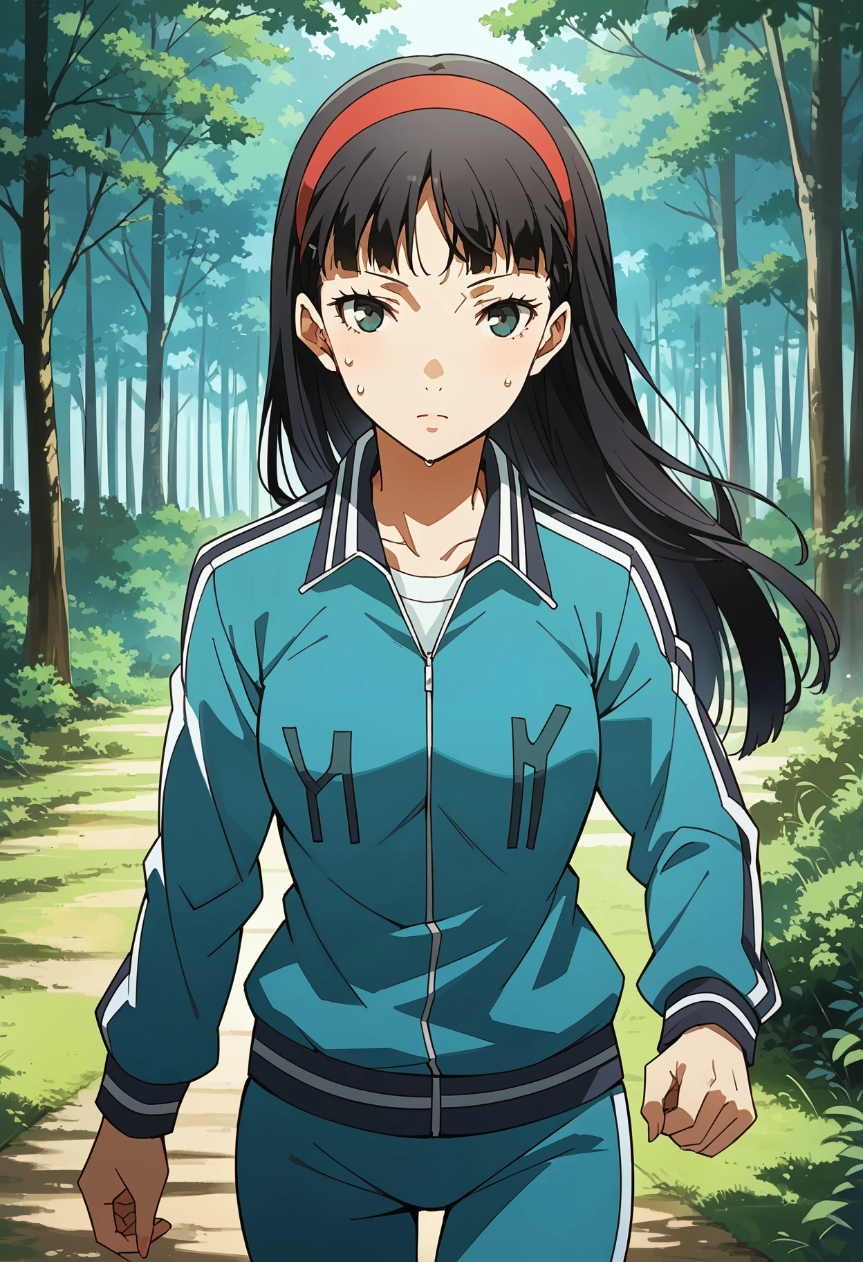 score_9, score_8_up, source_anime
1 girl, solo, cute face,
p4yukiko, amagi yukiko, long hair, black hair, bangs, headband,
p4yukiko-track, track suit, teal track suit, track jacket, teal track jacket, stripes, striped sleeves, track pants, yh,
outdoors, forest, trees, running, sweat,
masterpiece, best quality, ultra detailed,