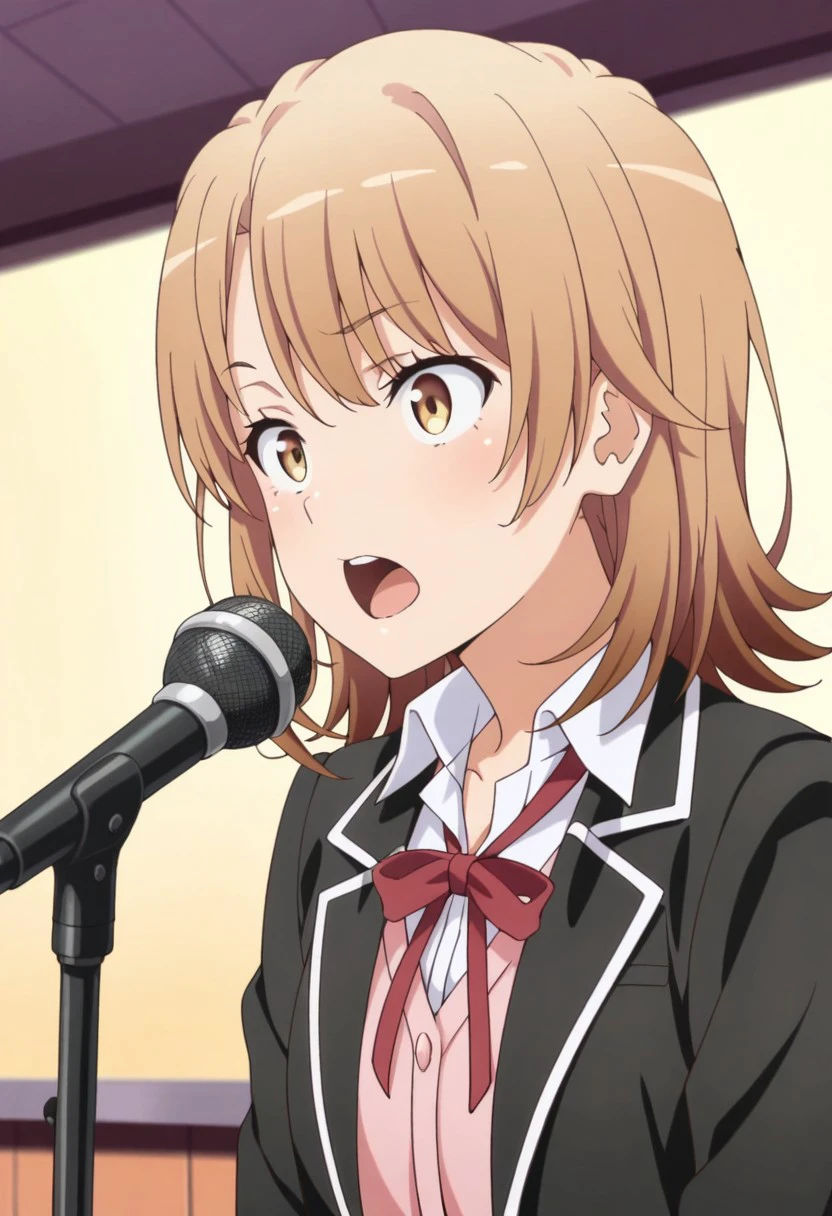 masterpiece,best quality,amazing quality, isshiki iroha, brown hair, short hair, brown eyes, 1girl, microphone, solo, sobu high school uniform, school uniform, jacket, black jacket, microphone stand, shirt, open mouth, ribbon, white shirt