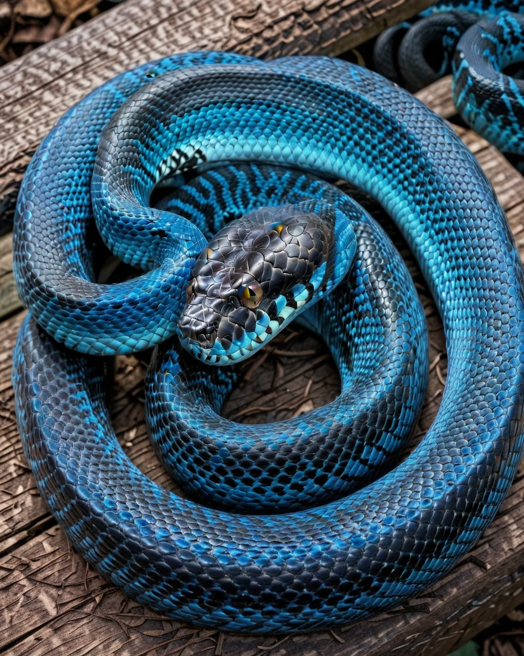 snake black and blue on table,
 <lora:Snake478:1>