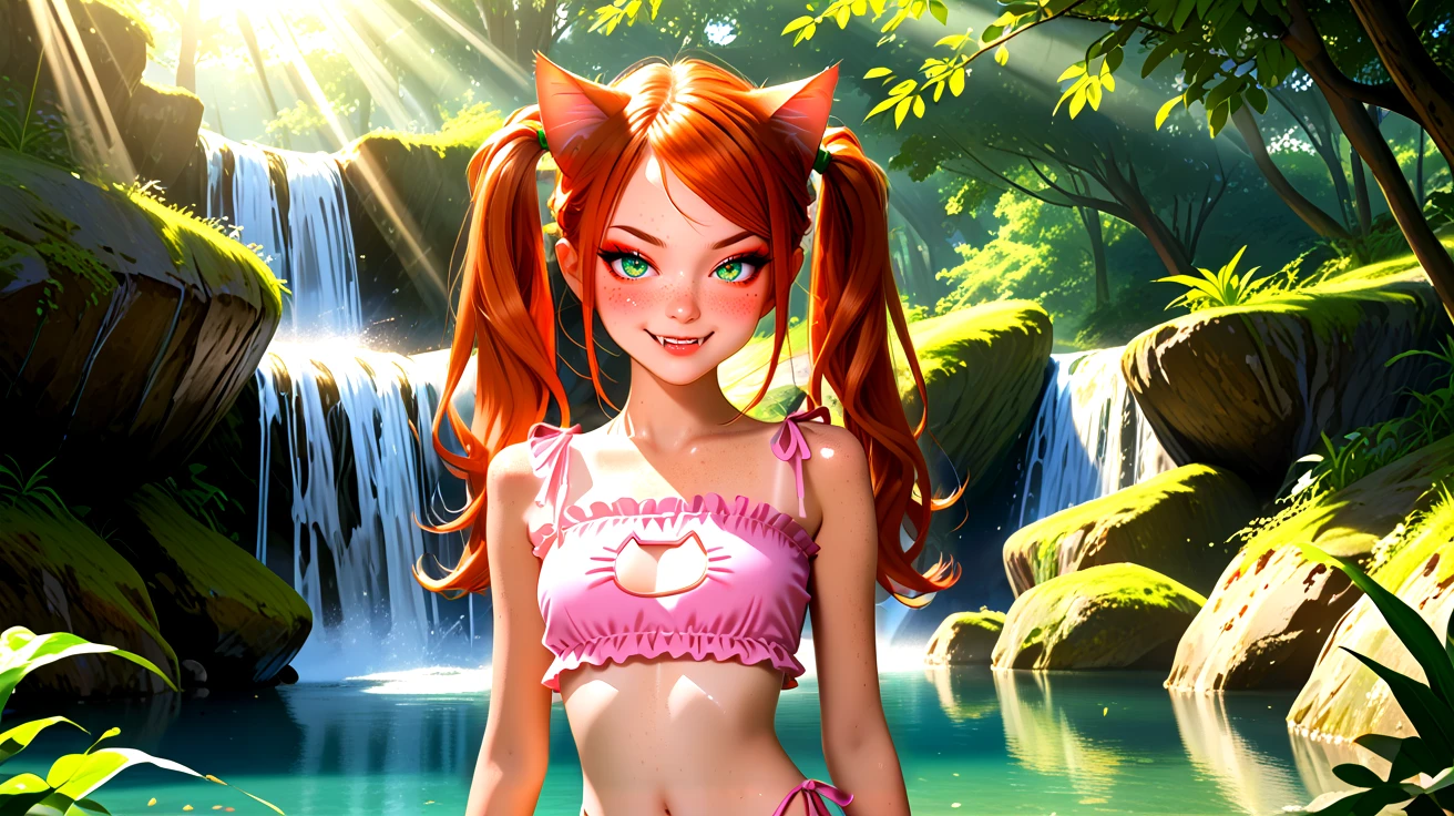 <lora:K1ttenPonyv2-000003:0.5> k1ttenpony, long ginger hair, (high twintails:1.3), ginger cat ears, green eyes, (blush:1.3), small breasts, (freckles), (body freckles:1.3), (short), small body, <age_slider_v4:-2>, small chest, (small waist), (eyeliner), (red eyeshadow:0.8),
closed mouth smirk, showing fangs, cute little teef,
cute, (petite), sultry look, seductive, sexy,
(Cowboy shot:0.7),
naughty, (cleft of Venus:0.6),
epic beautiful lighting, god rays, light beams, volumetric lighting, rim lighting,
(cat cutout lingerie:1.3), tanlines,
standing under waterfall, lake, (detailed background:1.1)