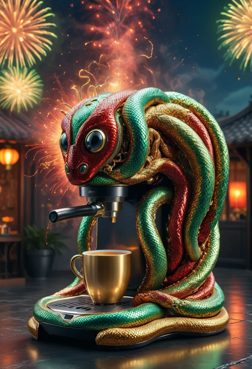 sn4k3bug coffee machine, metallic scales in green, red, and gold colors.
The dark blue sky is illuminated by bright fireworks exploding in the distance, casting a festive glow.
<lora:sn4k3bug:1.05> <lora:LCMV2-PONYplus-PAseer:1> <lora:SDXLFaeTastic2400:0.35> <lora:xl_more_art-full_v1:0.35>