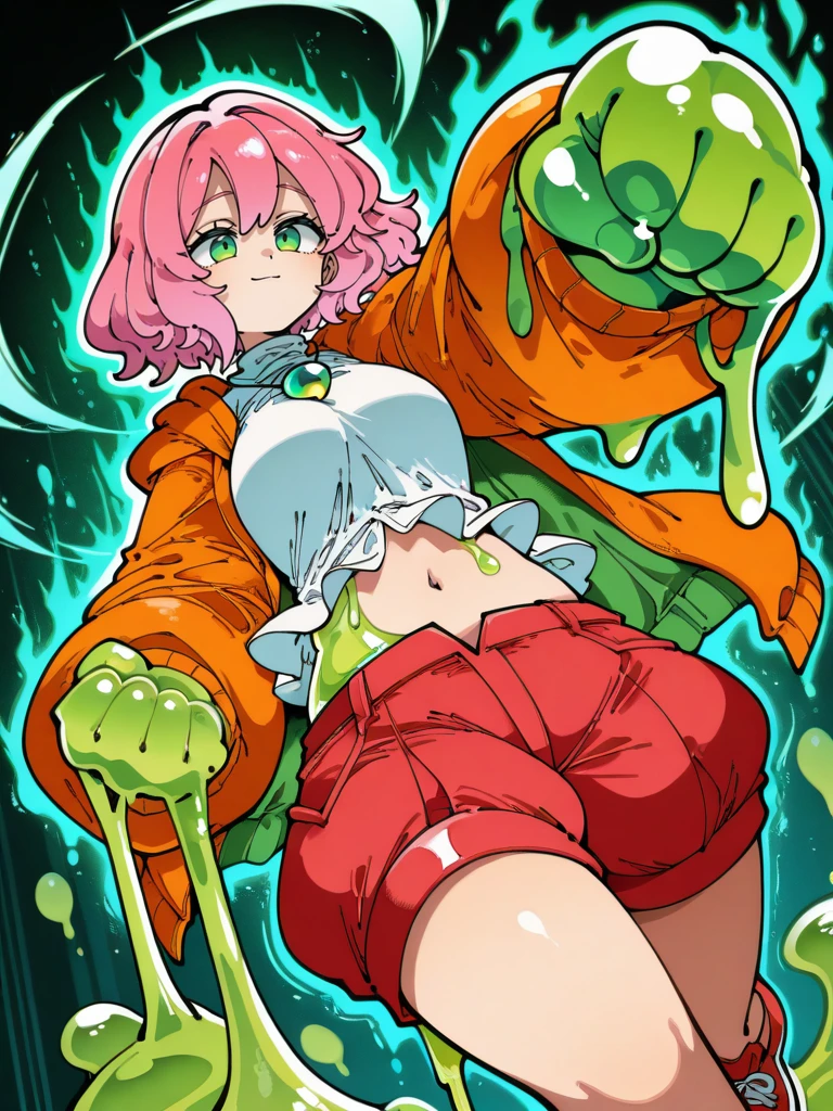 KafunXLP,,
1girl, punching, sexy, cowboy shot, light smile, wide shot, aura, dynamic pose, short hair, pink hair, wavy hair, green eyes, orange jacket, (white shirt:1.1), navel, green pendant, (red baggy shorts:1.1), oversize clothes, cute, green slime \(substance\) on all her body, red shoes, slime drip on hands, slime trail on body, slime girl, dutch angle,
<lora:KafunXLP_style-12:1>