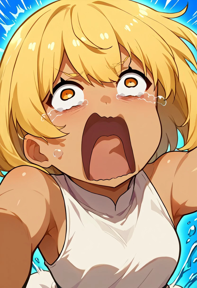 score_9, score_8_up, source_anime, 1girl, solo, kana_higa, blonde hair, amber eyes, tan skin, white dress, aquascreaming, screaming, open mouth, crying with eyes open, reaching out, bending over, freebos_smoothiestyle