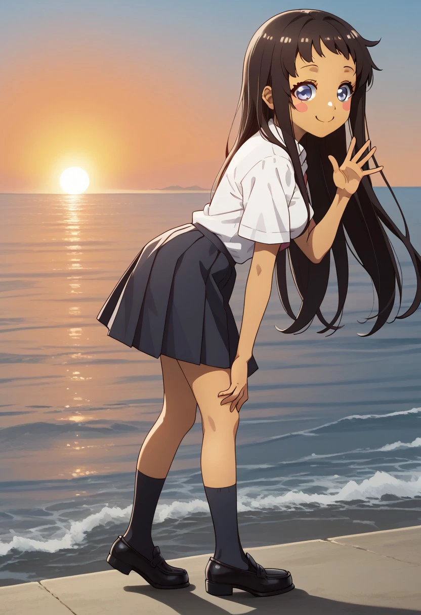 score_7_and_up, masterpiece, high quality, 1girl, solo, hina_kyan, brown hair, blue eyes, blush stickers, tan skin, school uniform, white shirt, skirt, black socks, black shoes, side view, leaning over, looking at viewer, outside, full body, medium breasts, black school shoes, twilight, sunset, ocean, blushing, smile, cute