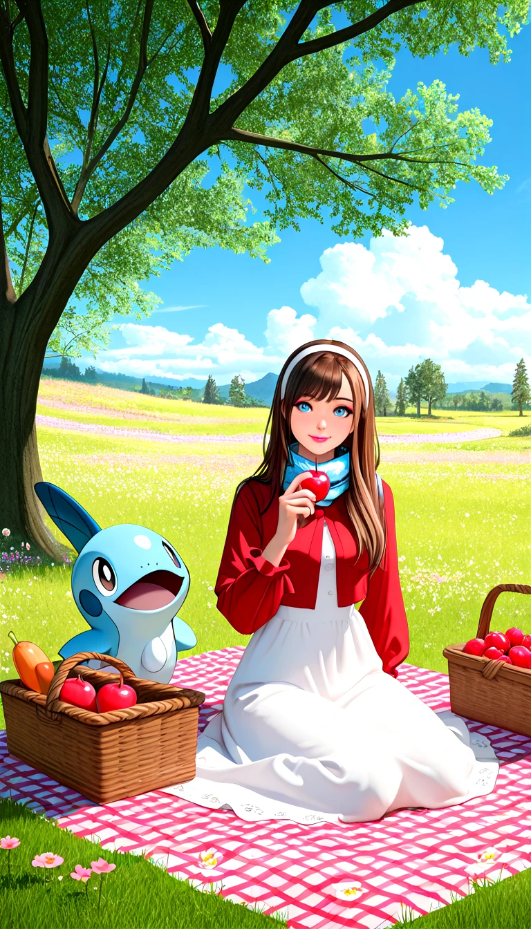 3d, realistic,
1fish, 1girl,
the fish: A (gigantic_anthropomorphic_fish:1.2) with elegant aquatic features and shimmering scales, wearing a stylish scarf, sitting comfortably on a red-and-white checkered picnic blanket.
The girl: breathtakingly beautiful with flowing hair and a radiant smile, dressed in a summery floral dress, sits beside the fish.
Both are enjoying cherries together from a wooden bowl, with the girl playfully holding a cherry near her lips. The setting is a sunny meadow with vibrant green grass and scattered wildflowers under a brilliant blue sky dotted with fluffy white clouds,
cinematic lighting, picnic blanket, cherries, anthropomorphic, human-anthro interaction, peaceful setting, vibrant colors, detailed anatomy, sunny day, scenic meadow, dress, long sleeves, fruit, scarf, crossover, pink flower, cloud, floral print, blue eyes, white dress, on grass, brown hair, holding food, pokemon \(creature\), tree, blue sky, outdoors, looking at viewer, red shirt, grass, (cherries:1.2), holding fruit, food, sitting, shirt, smile, flower, sky, moss, day, hairband, bowl, holding, picnic basket,
masterpiece, best quality, absurdres
zPDXL3 zPDXLxxx