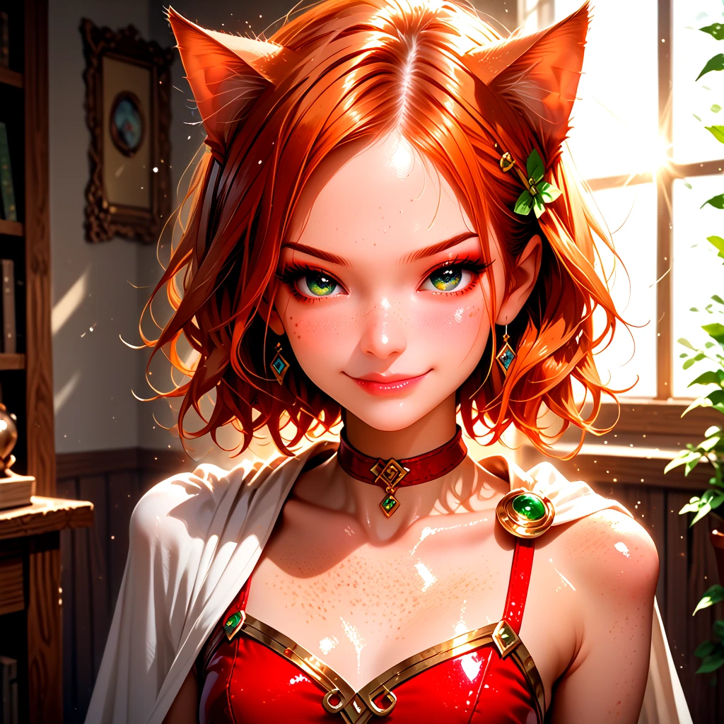 18 years old, 5 ft. tall (165 cm), and weighs 100 lbs. <lora:K1ttenPonyv2:0.6>, Kitten is a woman with long ginger hair, sparkling green eyes, freckles, and many body freckles. She also has ginger cat ears and tail. In her default Magician class, Kitten's outfit consists of a red leotard with a wrap-around garment at the waist that forms a cape, along with a hair ornament, choker, gloves, and boots. She has a closed mouth smirk,
1 girl, cute, (ite), sultry look, seductive, looking at viewer, <lora:DetailedEyes_V3:1>
(closeup:0.8),
<lora:MythP0rtr4itStyle:0.4> mythp0rt,
PonyScores7,
glistening shiny skin, sexy,
naughty, (cleft of Venus:0.7),
epic beautiful lighting, god rays, light beams, volumetric lighting, rim lighting,
masterpiece, beautiful and detailed brightness, (goosebumps:0.5), subsurface scattering, ultra realistic, textured skin, visible skin detail, skin fuzz, cute, <lora:FaeStyle:0.8>
