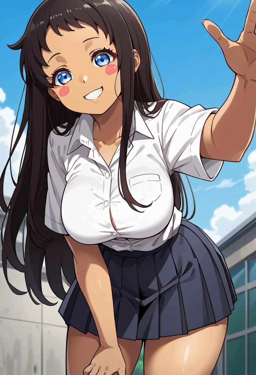 Masterpiece,source_anime, 4k res, 1girl, solo, hina_kyan, brown hair, blue eyes, blush stickers, tan skin, school uniform, white shirt, skirt,, front view, thighs, large breasts, seductive smile, blush, leaning forward, thick thighs, side view, looking at viewer