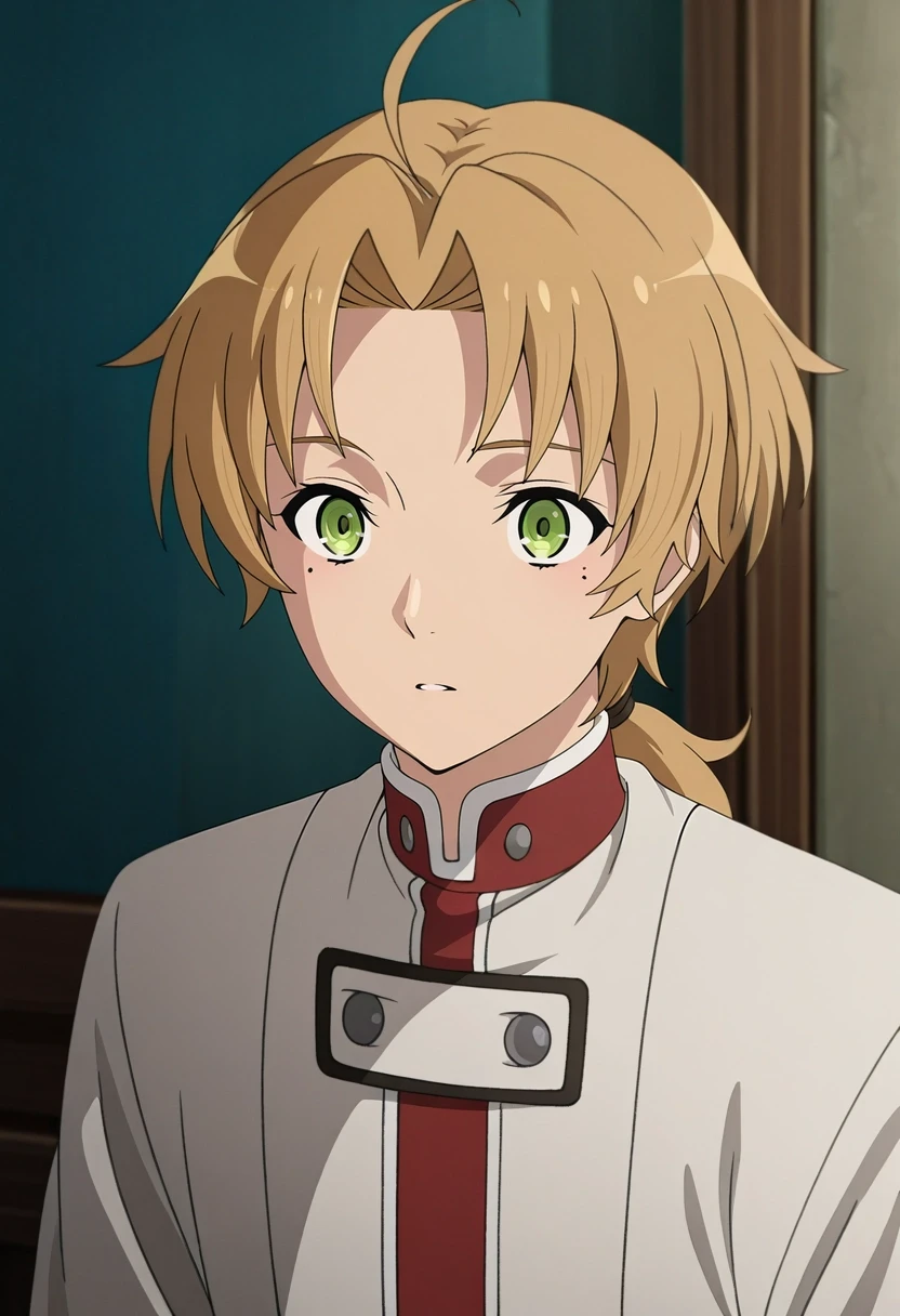 masterpiece, best quality, , anime screencap, anime coloring, official style, , 1boy, solo, male focus, <lora:rudeus_greyrat_ilxl:0.96>, rudeus_greyrat, blonde hair, green eyes, short hair, bangs, parted bangs, ahoge, mole under eye, low ponytail, ,