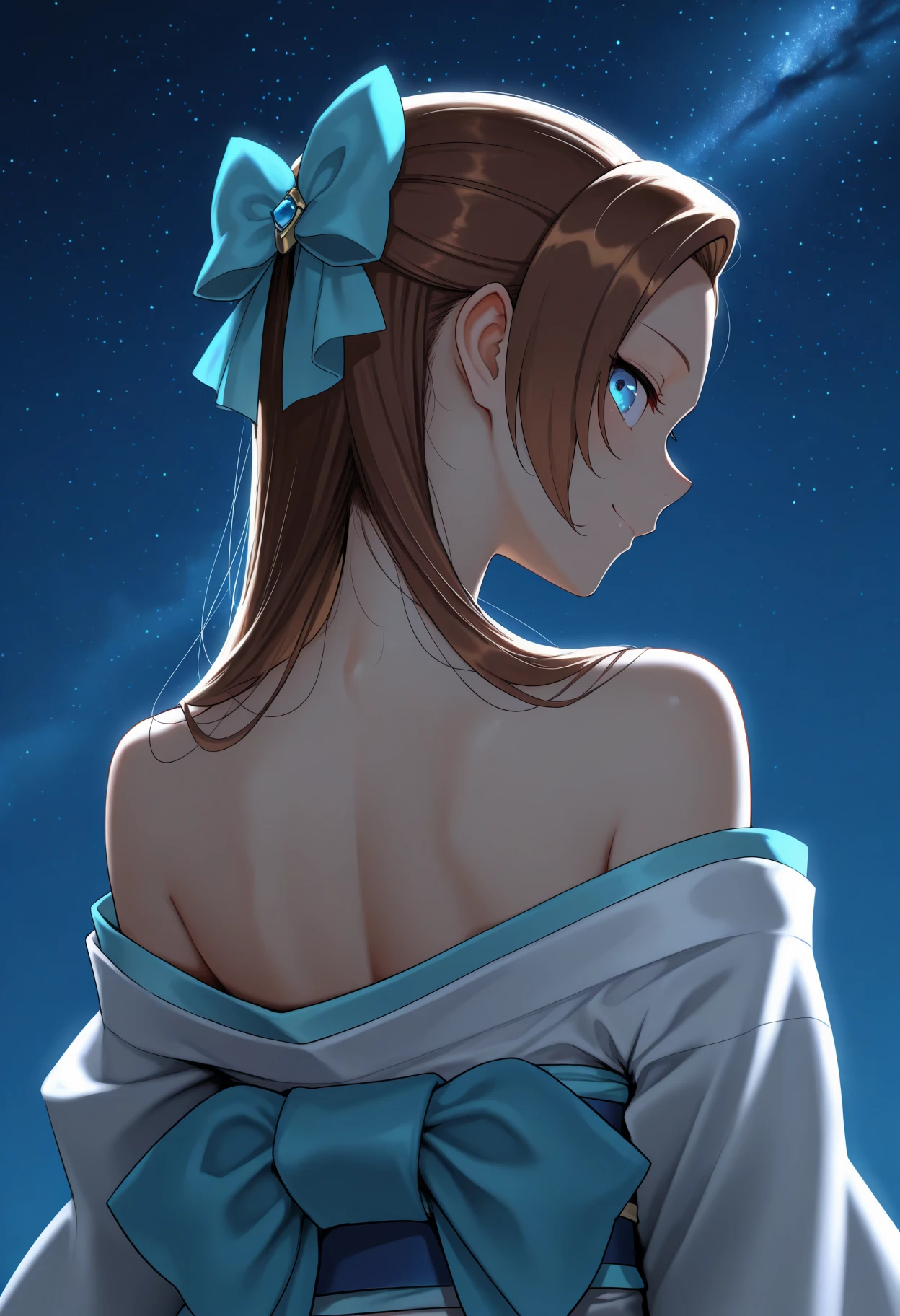 masterpiece, best quality, 1girl, solo, KatarinaClaes, blue eyes, brown hair, long hair, asymmetrical bangs, hair bow, blue bow, from behind, looking back, smile, night, starry sky, moonlight, dark theme, high contrast, off-shoulder kimono, white kimono, blue sash, bare shoulders, nape, hair over shoulder, <lora:ChamKatarinaClaesIllustriousXL:1>