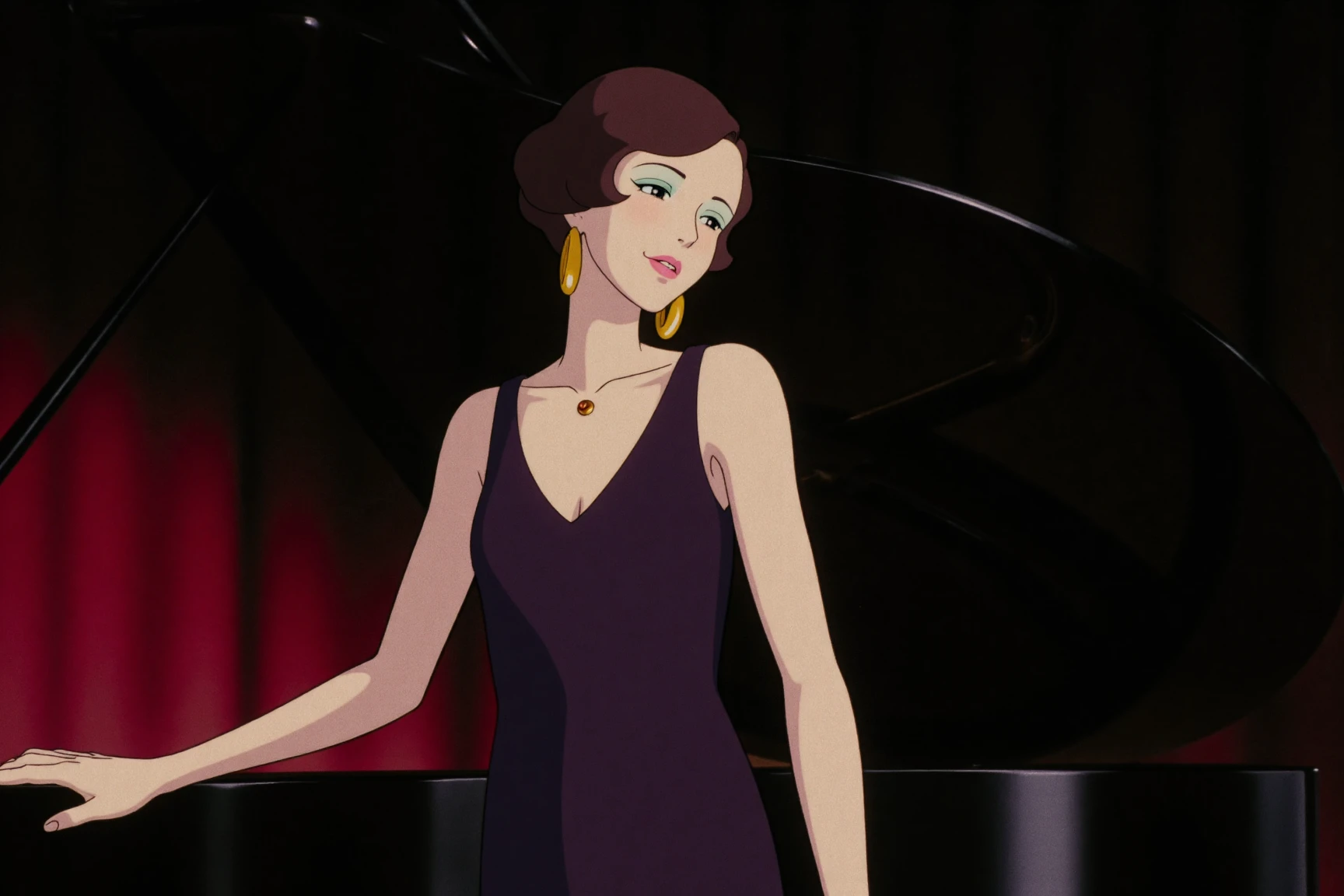 ghibli style image of a woman with short, dark hair, large gold hoop earrings, and a delicate gold necklace with small amber stones. She is wearing a dark purple, sleeveless dress and stands gracefully beside a grand piano. Her skin is fair and her makeup is subtle with a hint of green on her eyelids. Her expression is serene, almost wistful, as she slightly touches the piano with her left hand. The background is a blurred deep red, likely a wall. The lighting is soft and diffuse, emphasizing her elegant posture and the overall refined atmosphere.