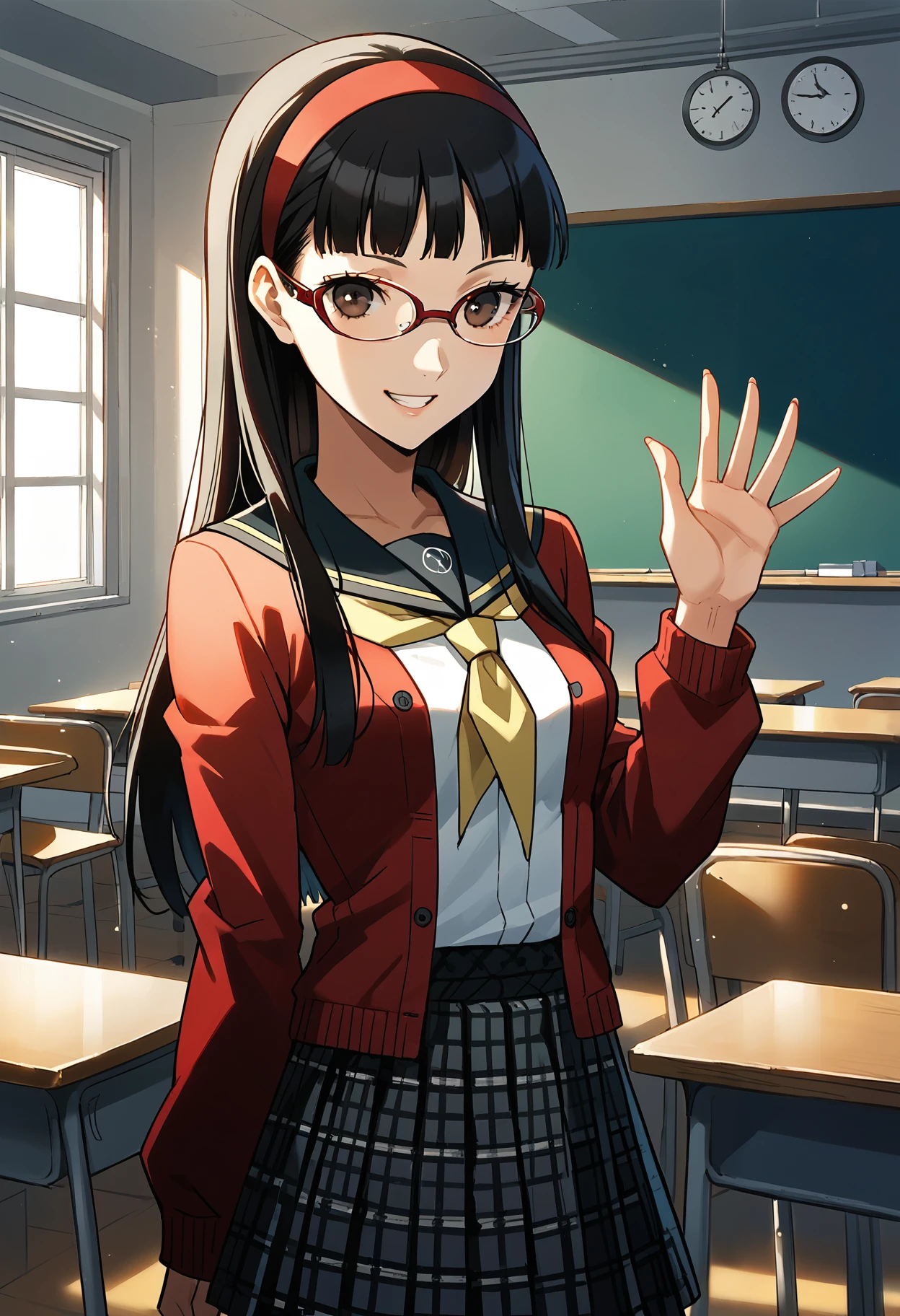 score_9, score_8_up, source_anime
1 girl, solo, cute face,
p4yukiko, amagi yukiko, long hair, black hair, bangs, hairband, glasses, red-framed eyewear
p4yukiko-sumuni, yasogami school uniform, school uniform, cardigan, red cardigan, open cardigan, cable knit cardigan, skirt, pleated skirt, houndstooth,
classroom, standing, looking at viewer, smile, teeth, waving
masterpiece, best quality, ultra detailed,