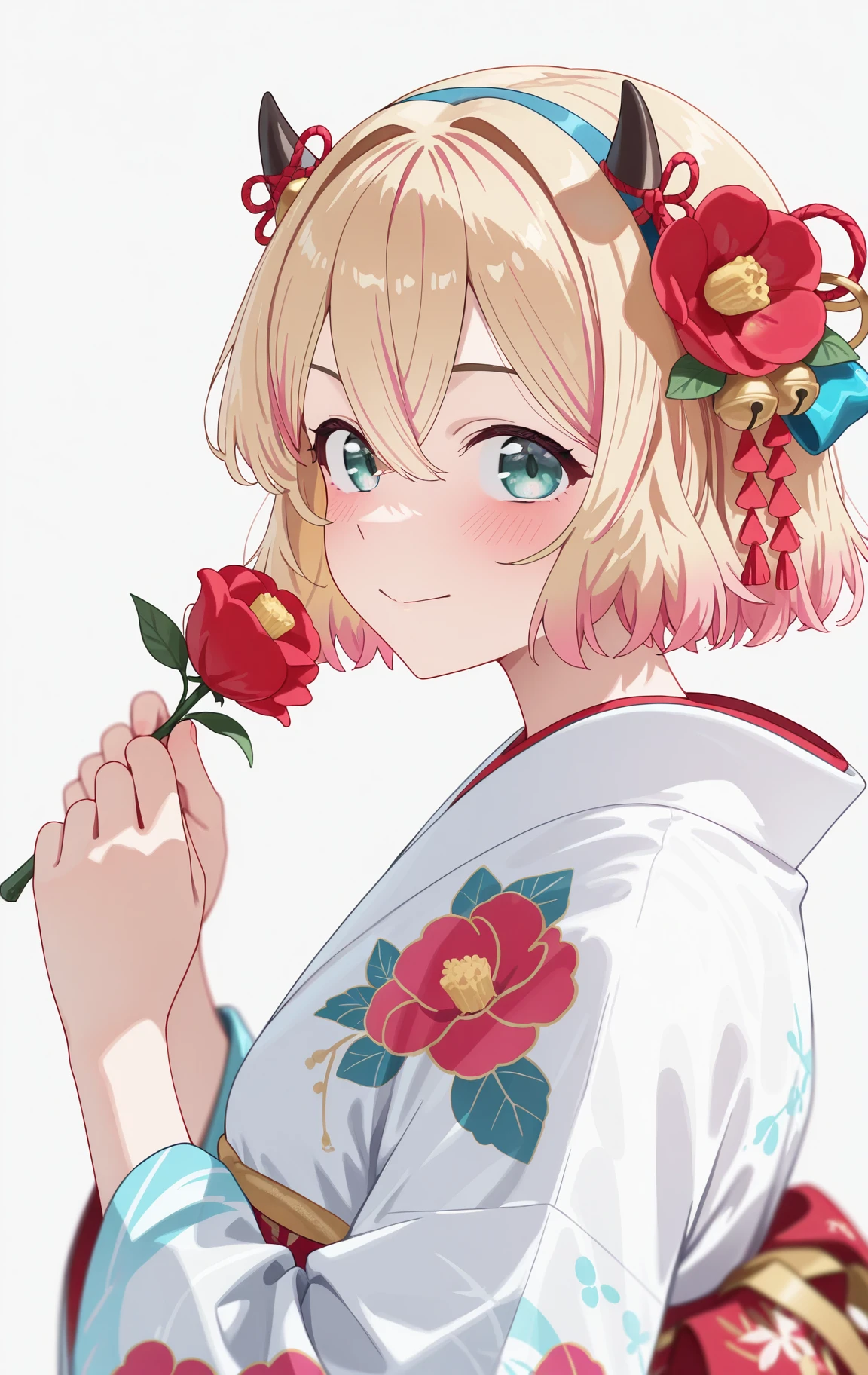 NanamiMamiCYQL,1girl,solo,blonde hair,short hair,multicolored hair,pink hair,gradient hair,hair between eyes,green eyes,
flower, japanese clothes, hair flower, holding, branch, hair ornament, kimono, horns, looking at viewer, closed mouth, red flower, long sleeves, wide sleeves, white kimono, white background, from side, horn ornament, looking to the side, simple background, blush, hands up, blurry foreground, upper body, hairband, camellia, smile, kanzashi, print kimono, grey background, year of the ox, ribbon, horn ribbon, depth of field, bell, blurry, new year, jingle bell, floral print,
<lora:xmc_v0.3_noobai_cwhj:0.8>,<lora:illustrious_best_quality_v1:0.8>,<lora:g0thicILL:0.6>,g0thic,neon,<lora:prismlightILL:1>,prism light,shadows,,<lora:NanamiMamiCYQL:1>,
masterpiece,best quality,amazing quality,very aesthetic,absurdres,newest,