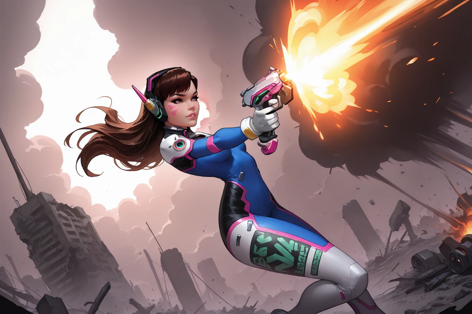 masterpiece, good quality, best quality, very awa, very as2, absurdres, highres
<lora:D.VaIlluLoRA:1>diva, bodysuit, long hair, high collar, gloves, headphones, whisker markings, facepaint, shoulder pads, clothes writing, thigh boots, handgun, holding gun
jumping backwards, firing, battlefield, ruins, explosion, fire
<lora:Michael Turner Marc SylvestriStyleIlluLYCO:1> mtms, solo