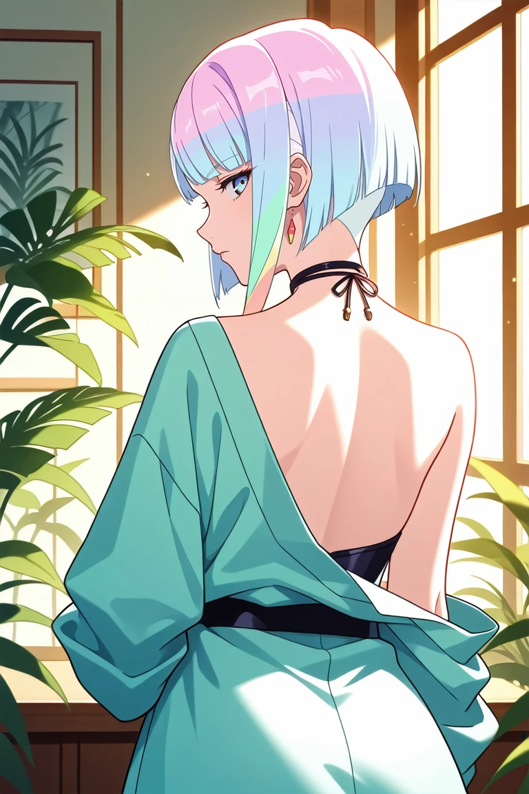 masterpiece, best quality, absurdres,
<lora:ILERLucy:0.8>
ERLucy, 1girl, multicolored hair, asymmetrical hair, looking at viewer, in a lush jungle with vibrant flowers, from behind, looking back