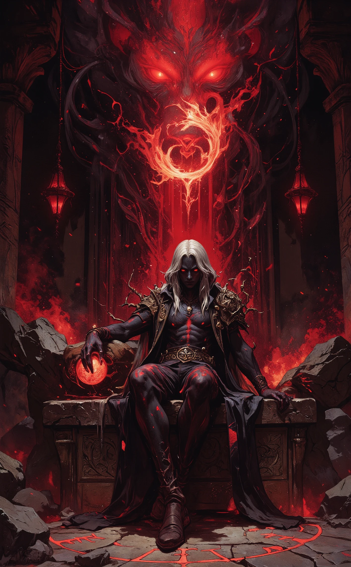 fantasy, painting, illustration, detailed, an abyssal sorcerer reclining on a cracked stone dais, his obsidian-black skin flickering with glowing crimson veins, long silver hair spilling over the edge of the stone, cinematic, photorealistic, crimson glow filter, dark fantasy atmosphere, glowing fiery red eyes, one hand casually holding a swirling orb of fire, surrounded by shadowy tendrils and glowing runes etched into the stone floor, ethereal fantasy concept art of cinematic film still art by Posuka Demizu, art by Roger Dean, , fantasy art, album cover art, surreal and imaginative landscapes, intricate and detailed compositions, manga, intricate and detailed illustrations, fantasy and adventure themes . shallow depth of field, vignette, highly detailed, high budget, bokeh, cinemascope, moody, epic, gorgeous, film grain, grainy . magnificent, celestial, ethereal, painterly, epic, majestic, magical, fantasy art, cover art, dreamy